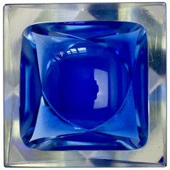 Faceted Blue and Clear Murano Sommerso Cut Glass Bowl Attributed to Mandruzzato 