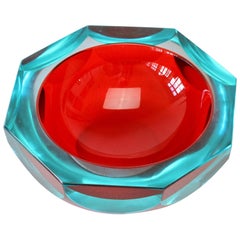 Faceted Red Murano Sommerso Diamond Cut Glass Bowl Attributed to Mandruzzato