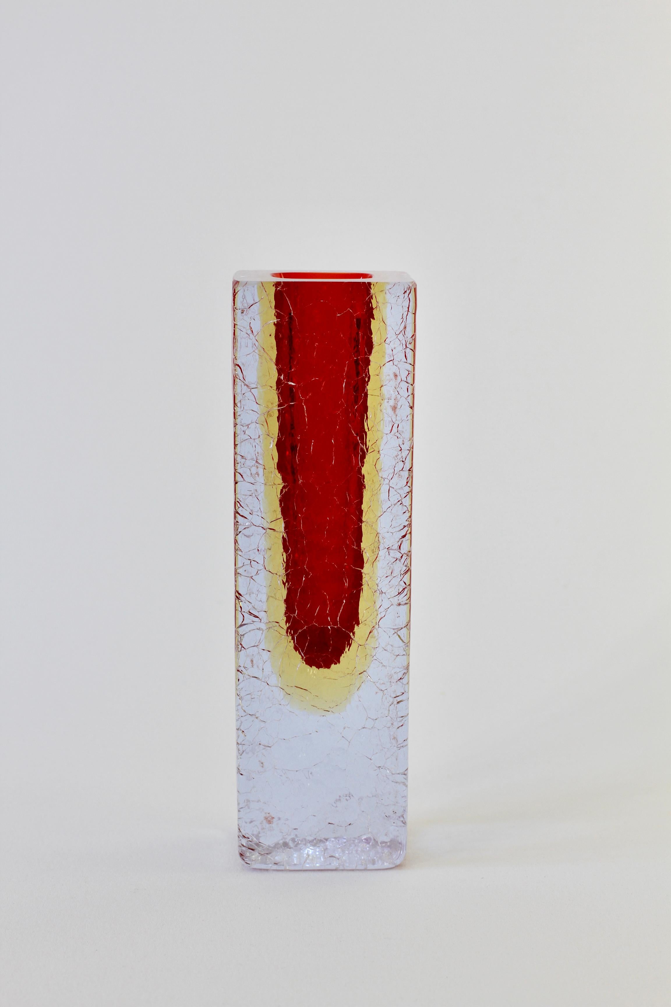Blown Glass Faceted Red & Yellow Italian Murano 'Sommerso' Crackle Glass Vase, circa 1960s For Sale