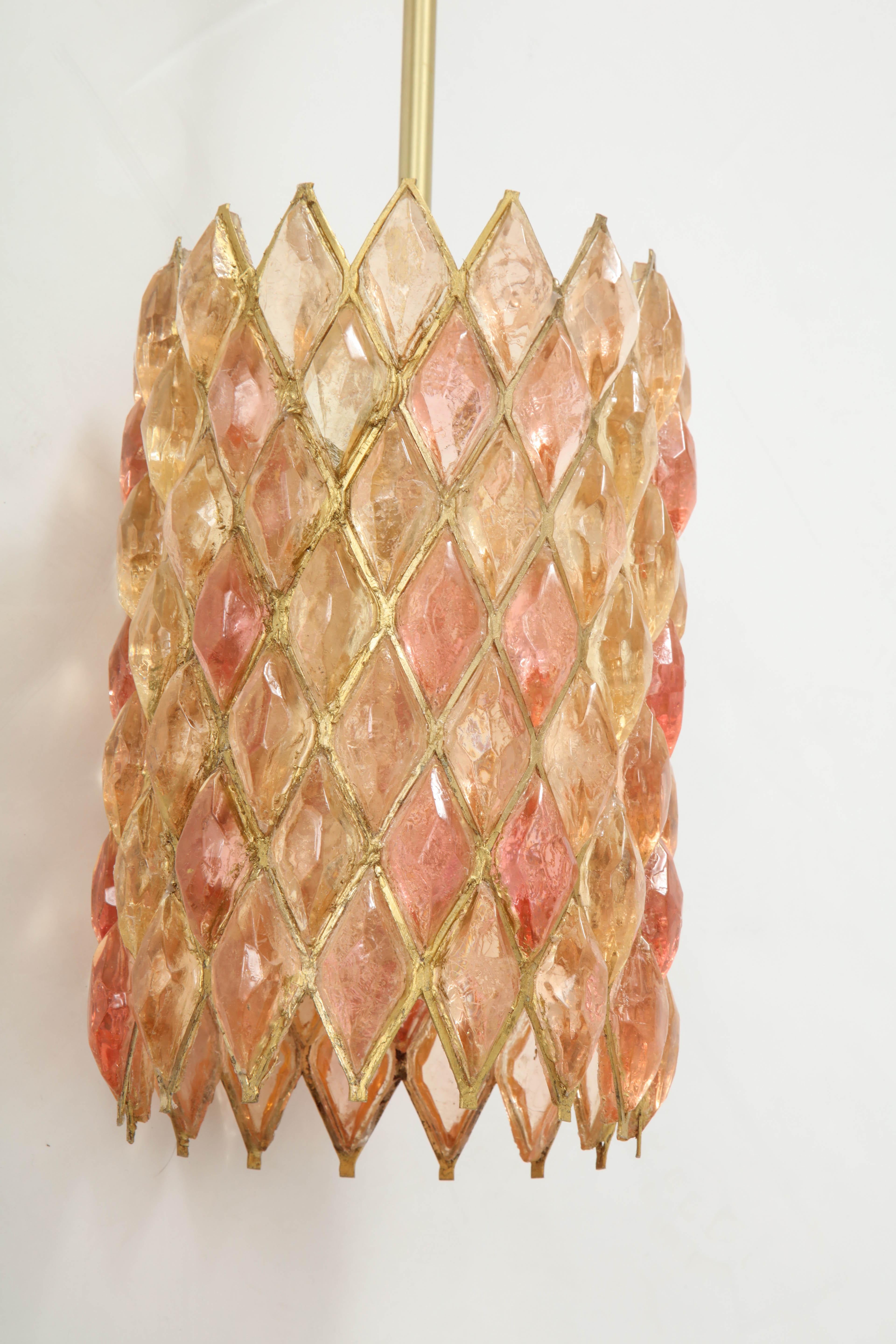 Mid-Century Modern Faceted Melon Resin, Brass Pendant