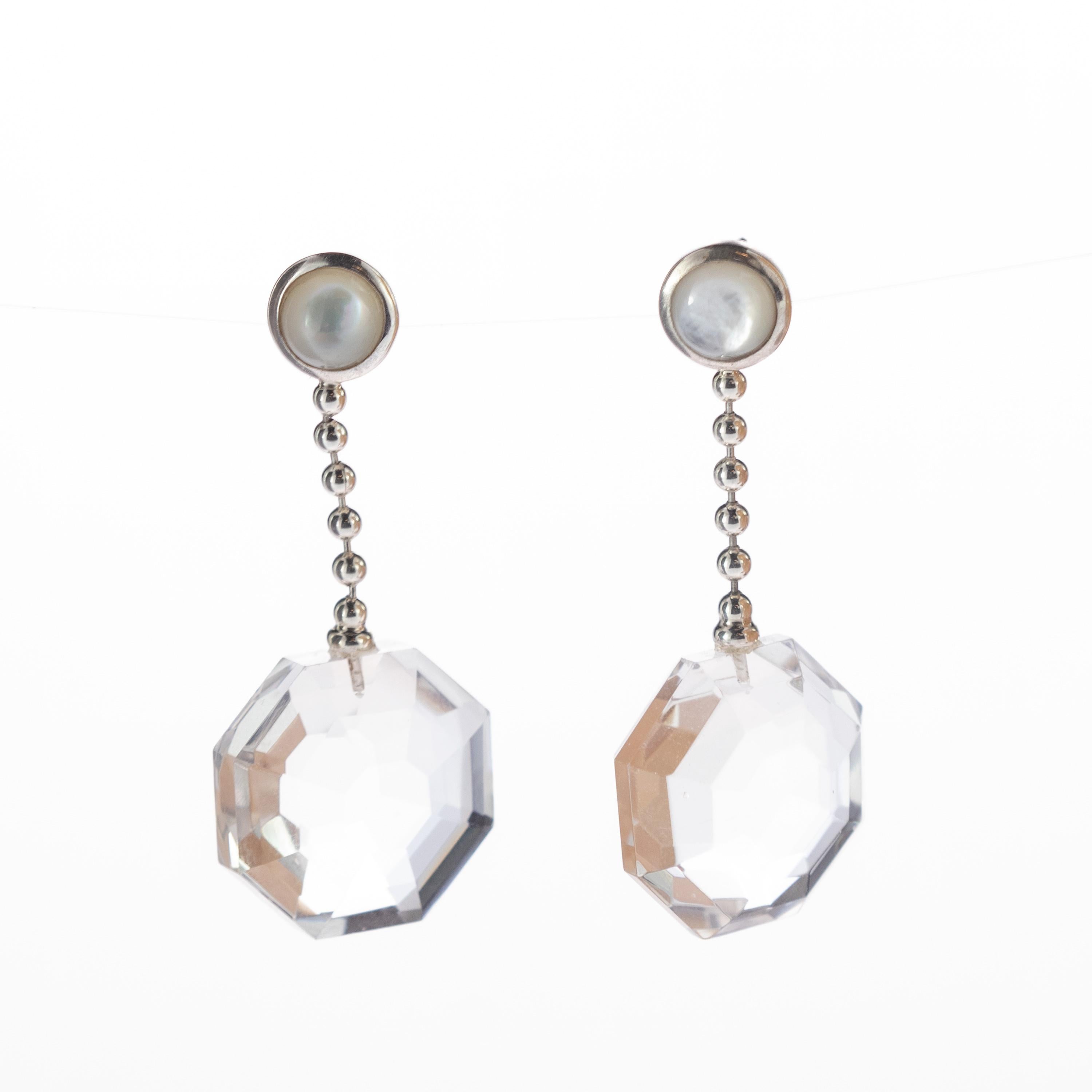Art Nouveau Faceted Rock Crystal Octagon Pearl Drop Round 925 Sterling Silver Chain Earrings