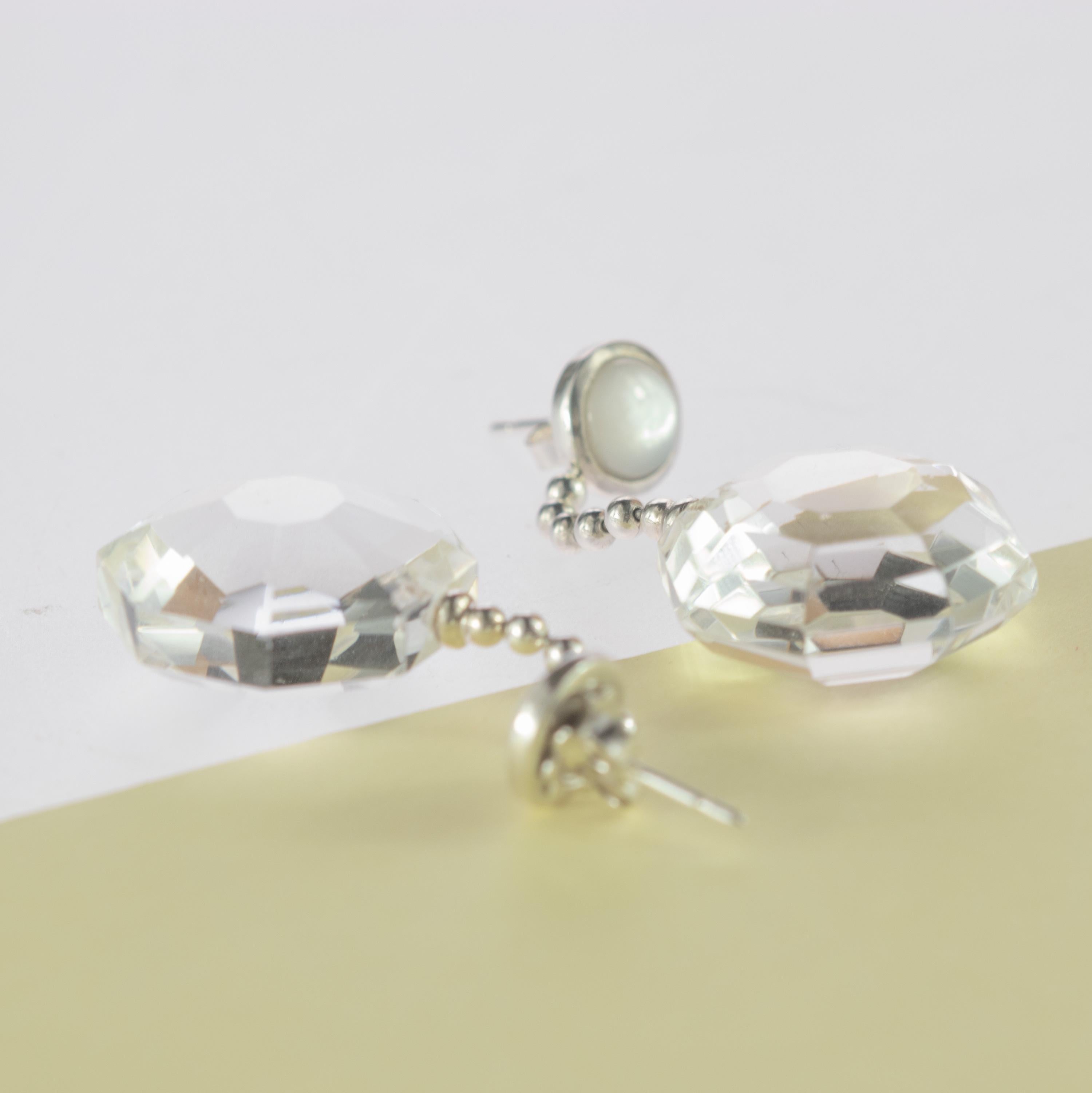 Octagon Cut Faceted Rock Crystal Octagon Pearl Drop Round 925 Sterling Silver Chain Earrings