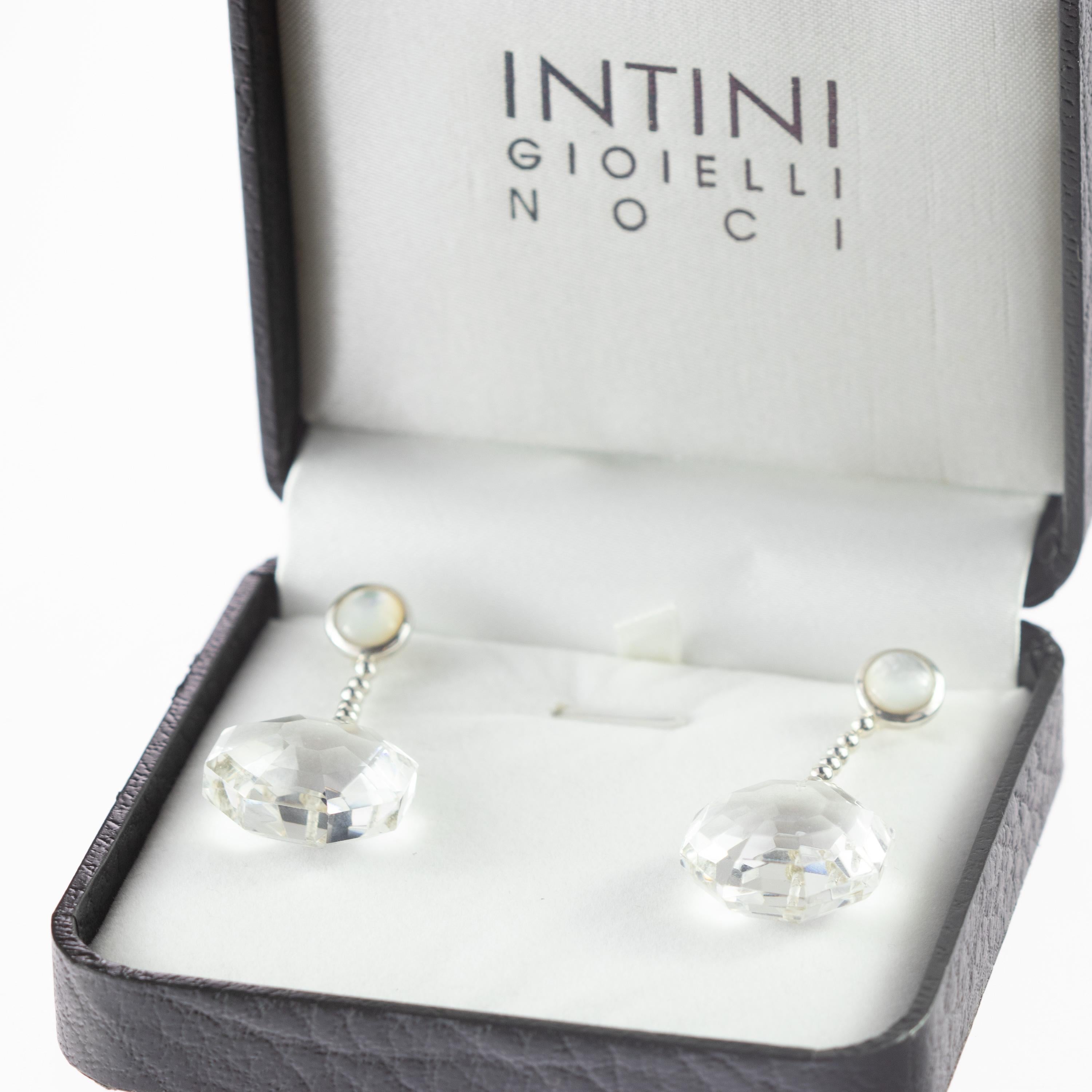 Faceted Rock Crystal Octagon Pearl Drop Round 925 Sterling Silver Chain Earrings In New Condition In Milano, IT