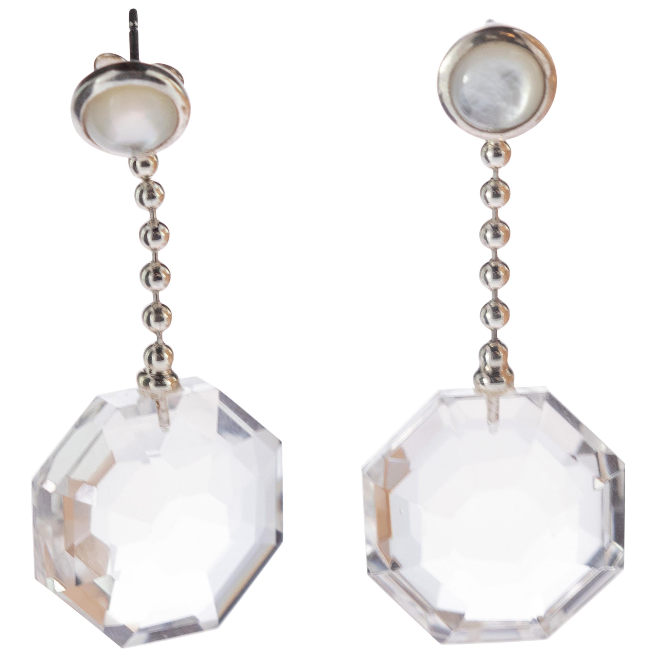 Faceted Rock Crystal Octagon Pearl Drop Round 925 Sterling Silver Chain Earrings