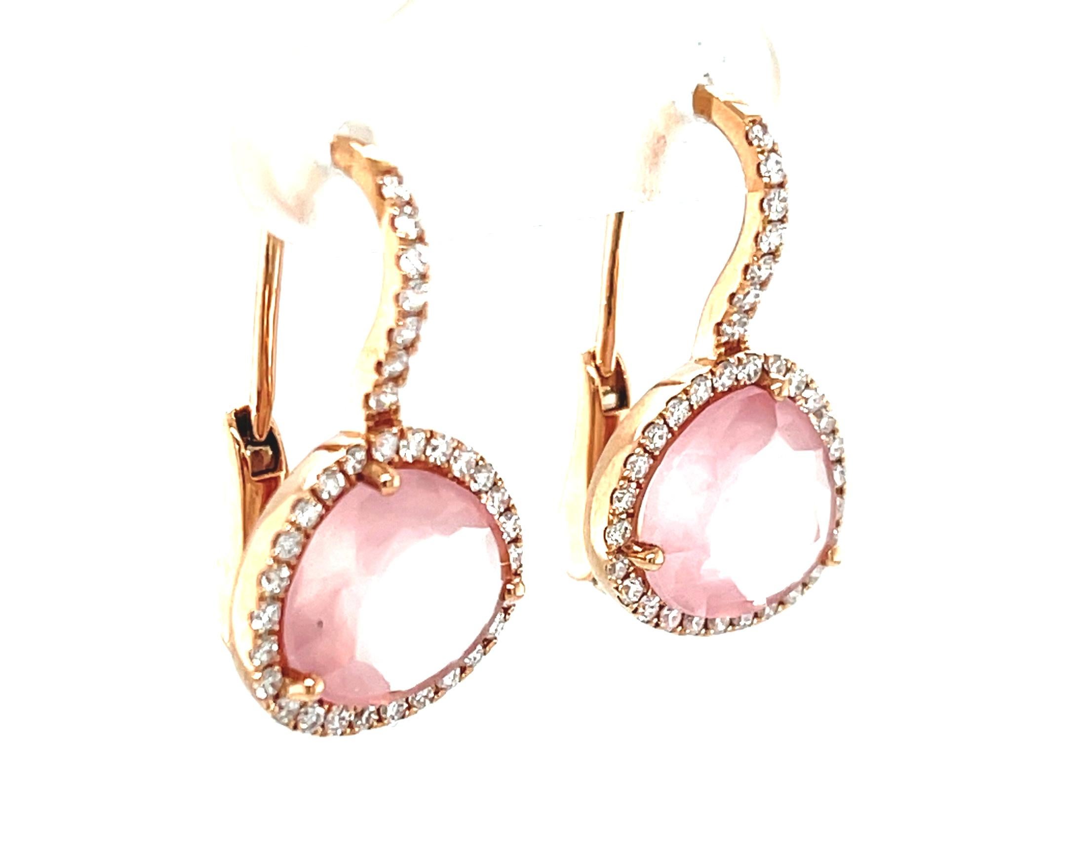 Artisan Faceted Rose Quartz and Diamond Halo Drop Earrings in 18k Rose Gold  For Sale