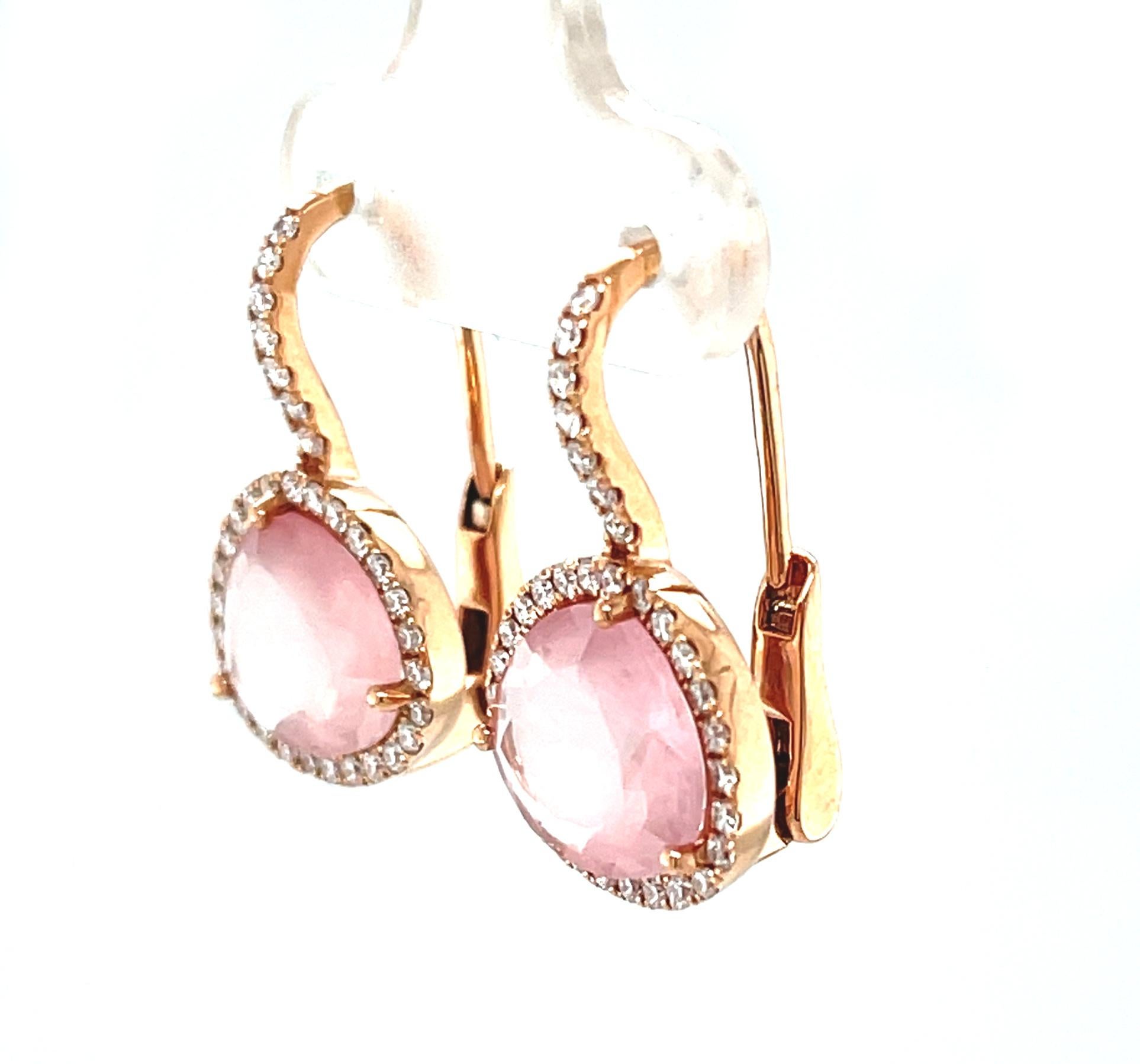 Pear Cut Faceted Rose Quartz and Diamond Halo Drop Earrings in 18k Rose Gold  For Sale