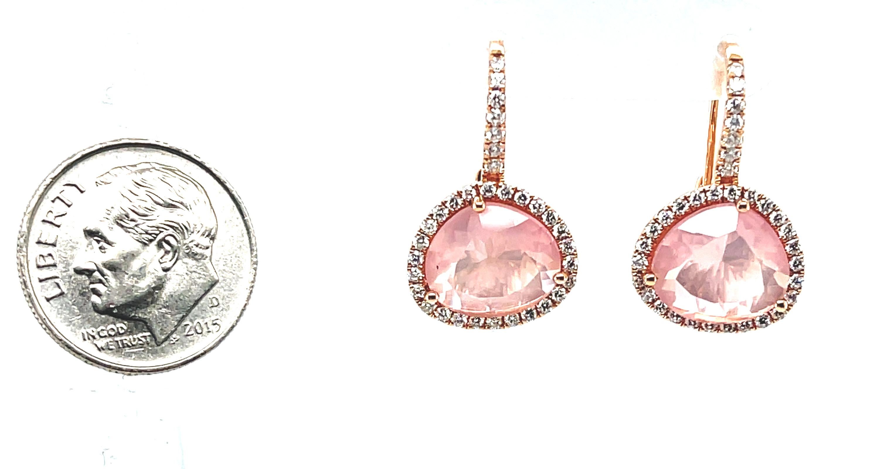 Faceted Rose Quartz and Diamond Halo Drop Earrings in 18k Rose Gold  In New Condition For Sale In Los Angeles, CA