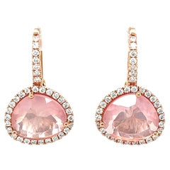Faceted Rose Quartz and Diamond Halo Drop Earrings in 18k Rose Gold 
