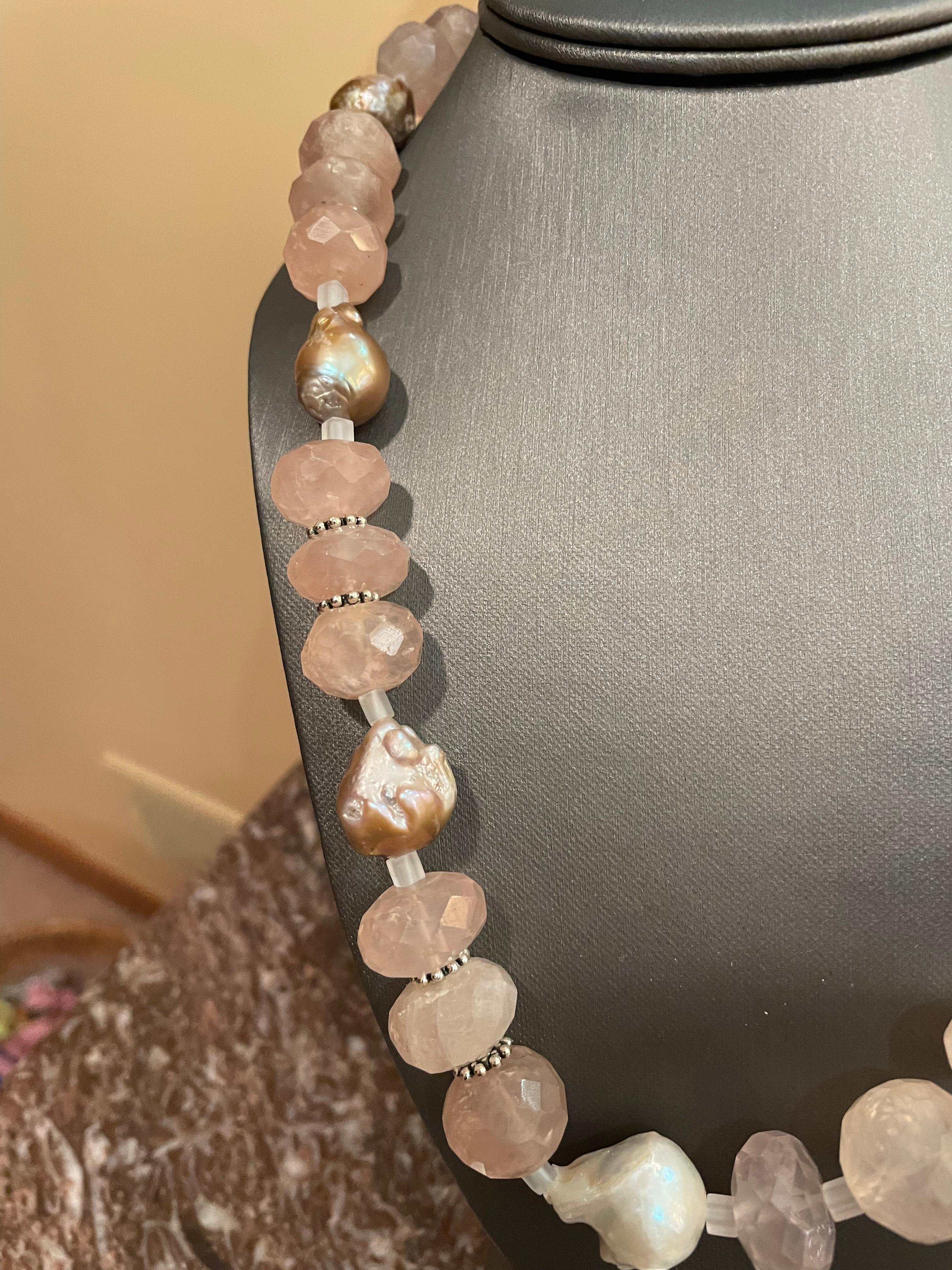Artisan Faceted Rose Quartz and pink baroque pearls on offer from Lorraine’s Bijoux For Sale
