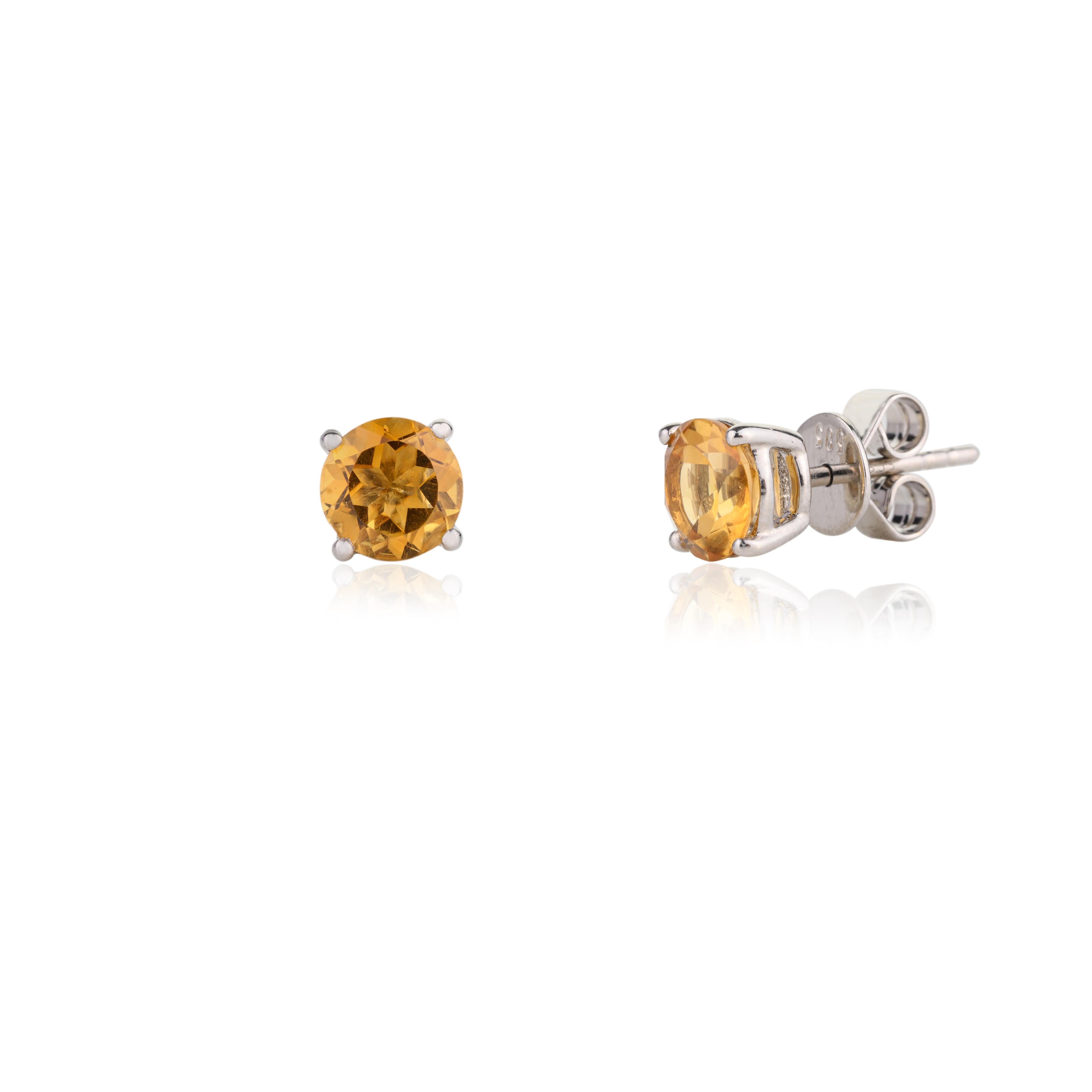 Modern Faceted Citrine Solitaire Stud Earrings in 14k White Gold Gift for Her For Sale