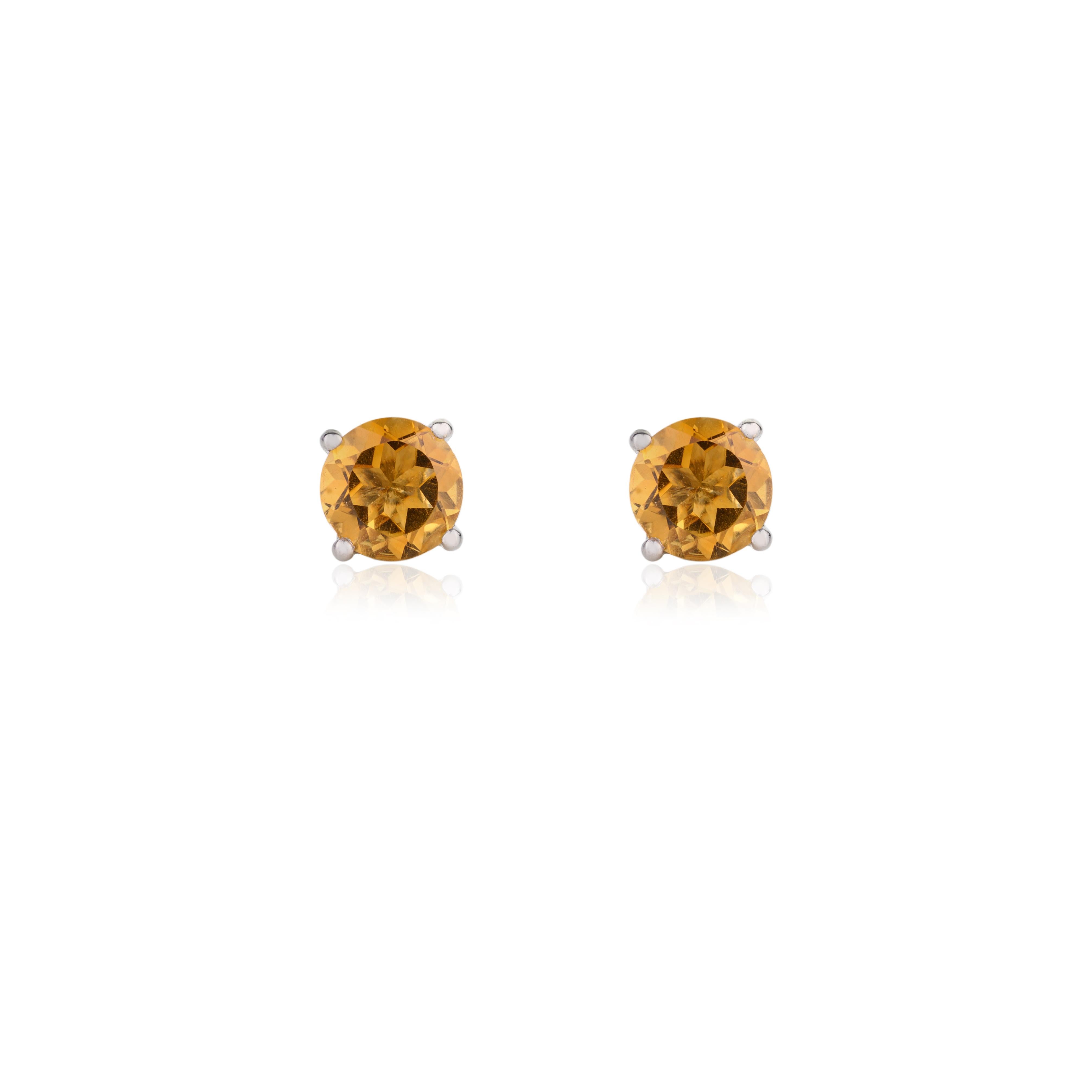 Faceted Citrine Solitaire Stud Earrings in 14k White Gold Gift for Her For Sale 2