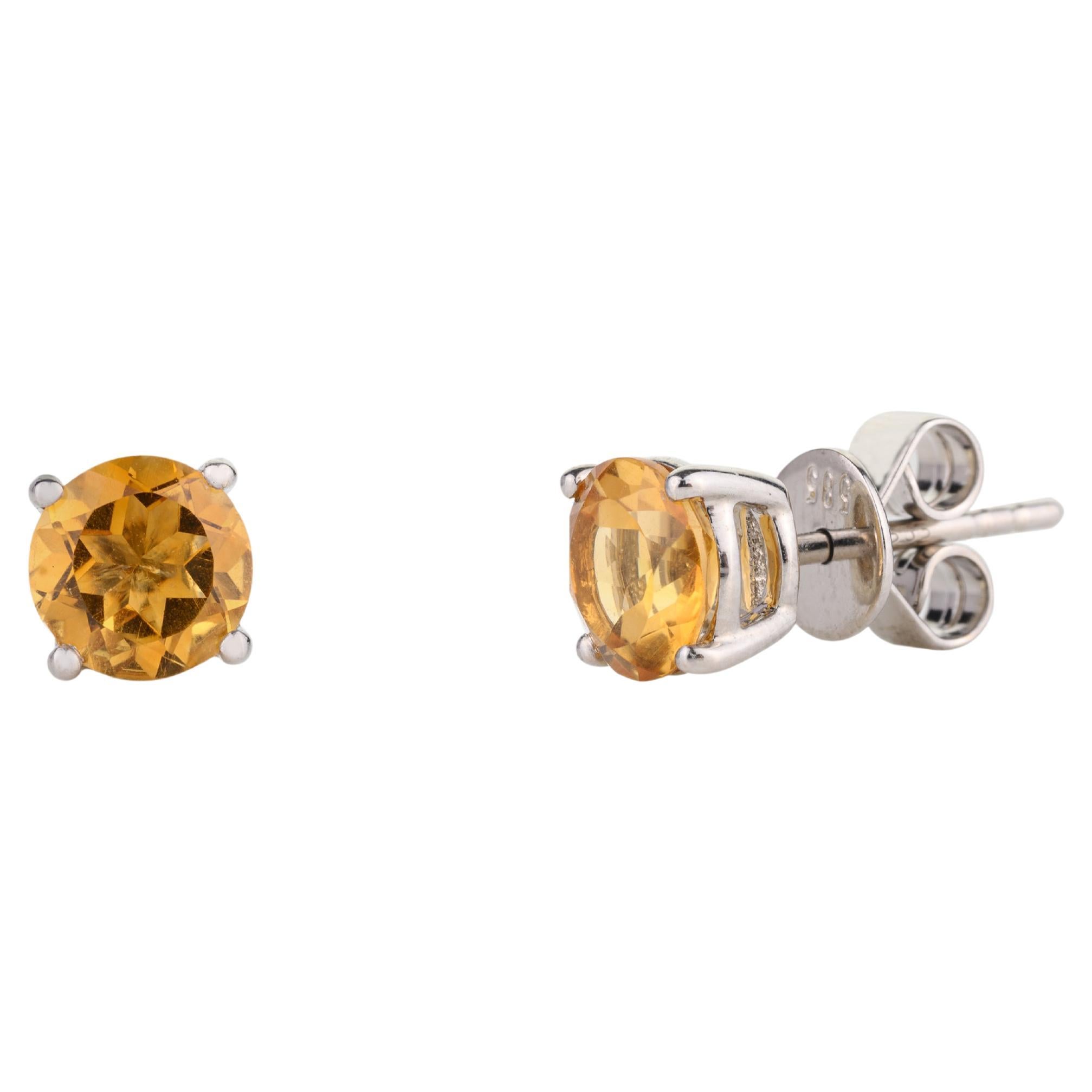 Faceted Citrine Solitaire Stud Earrings in 14k White Gold Gift for Her