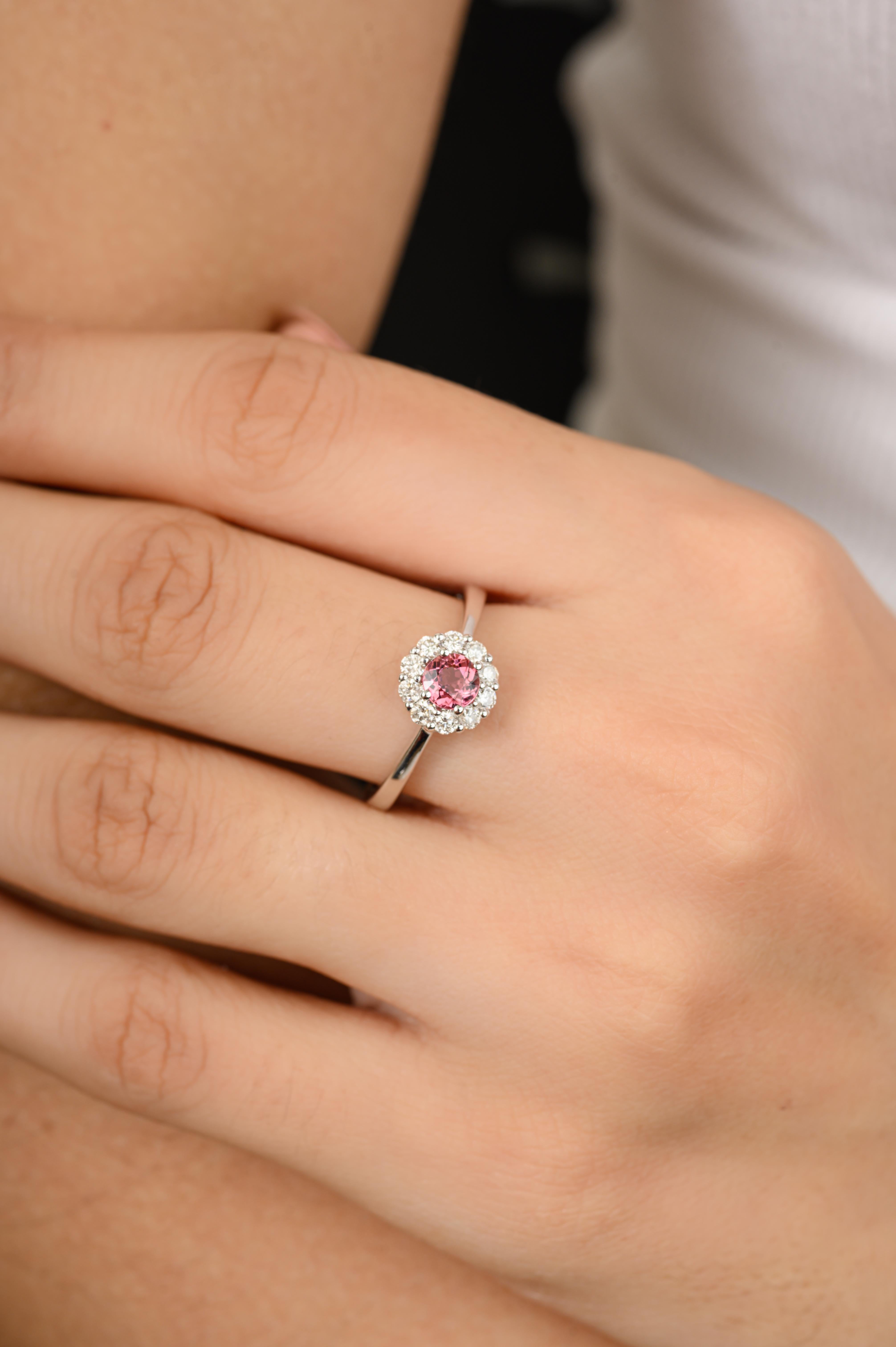For Sale:  Faceted Tourmaline Halo Diamond Promise Ring Gift for Her in 14k White Gold 4