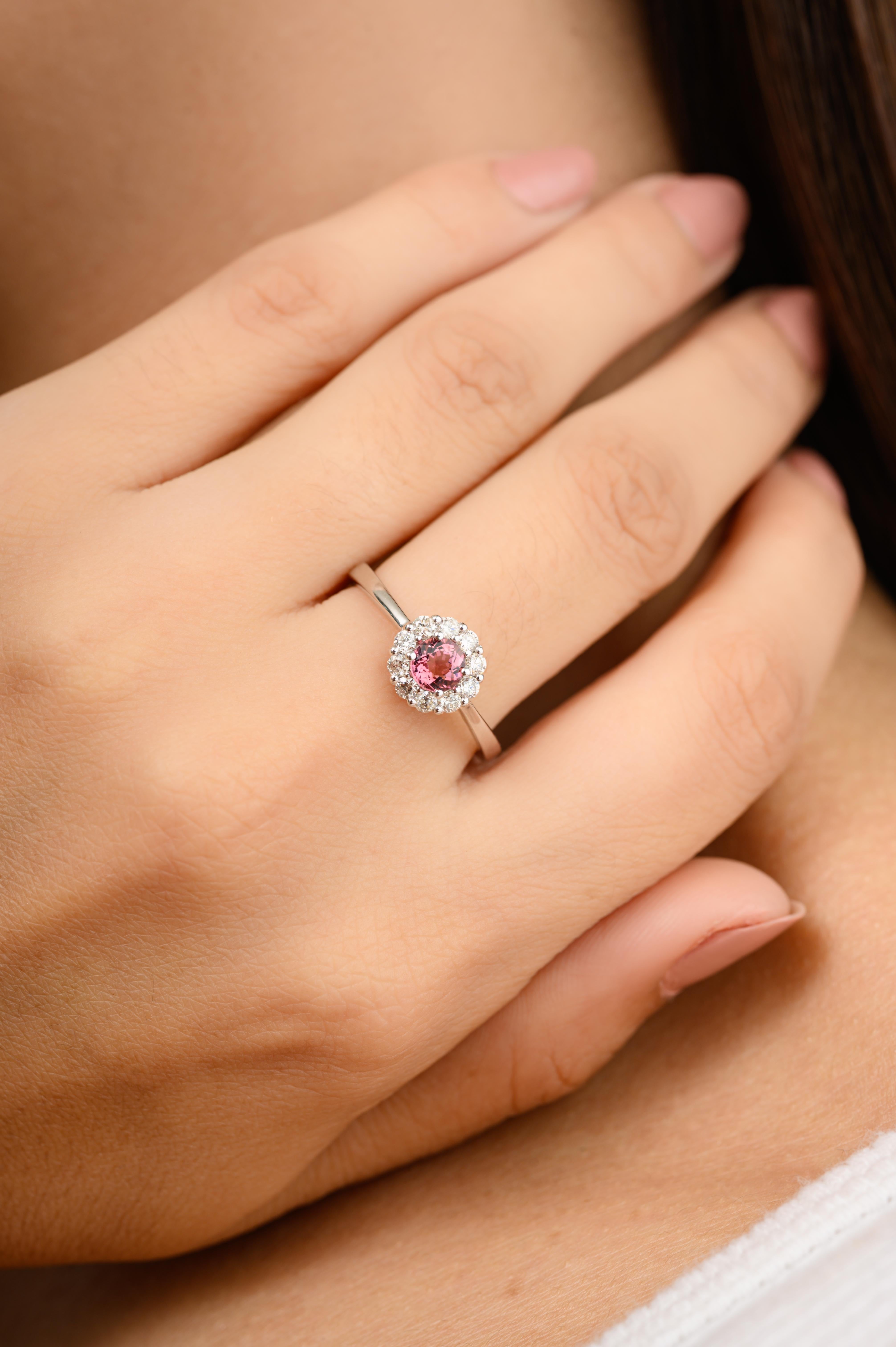 For Sale:  Faceted Tourmaline Halo Diamond Promise Ring Gift for Her in 14k White Gold 6