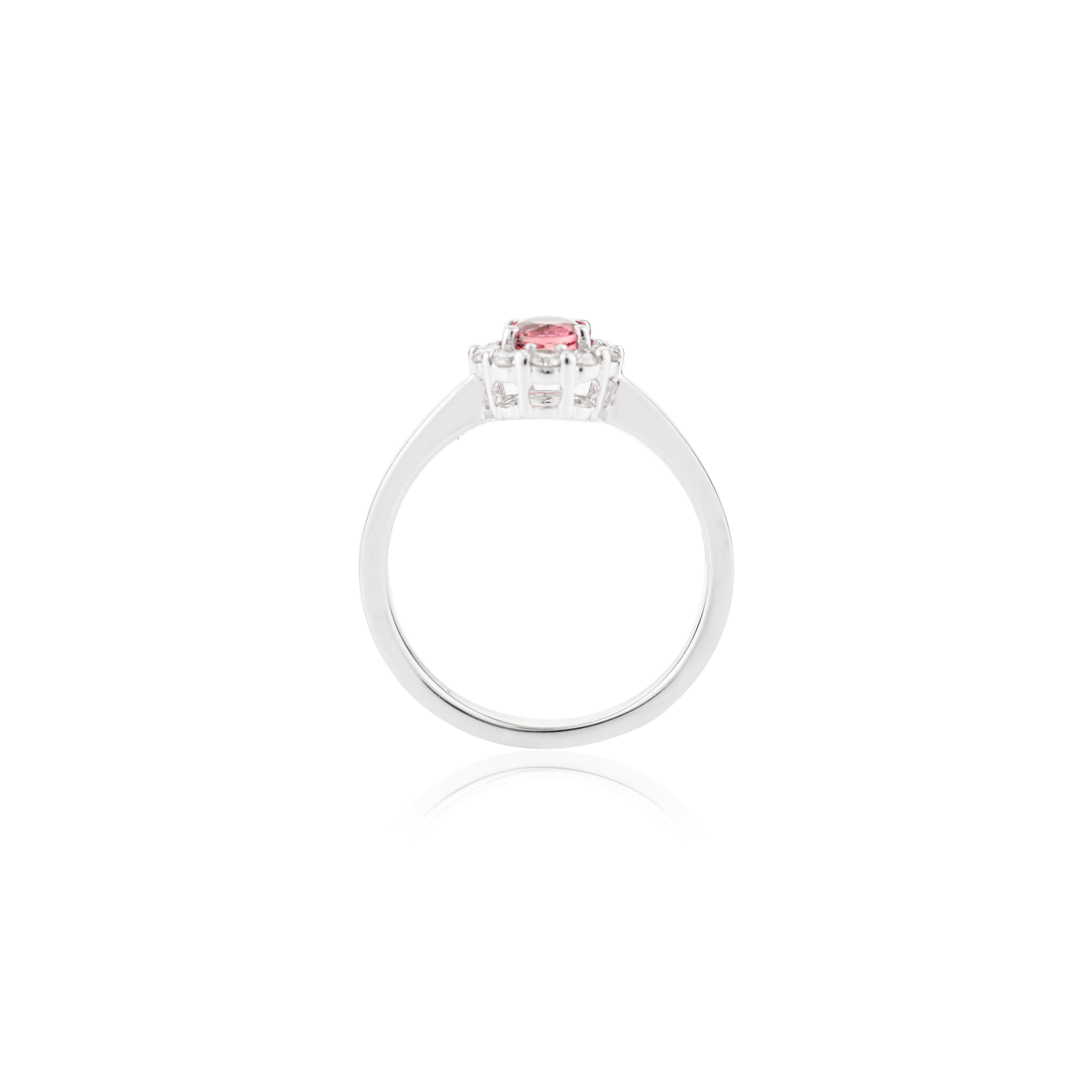 For Sale:  Faceted Tourmaline Halo Diamond Promise Ring Gift for Her in 14k White Gold 8
