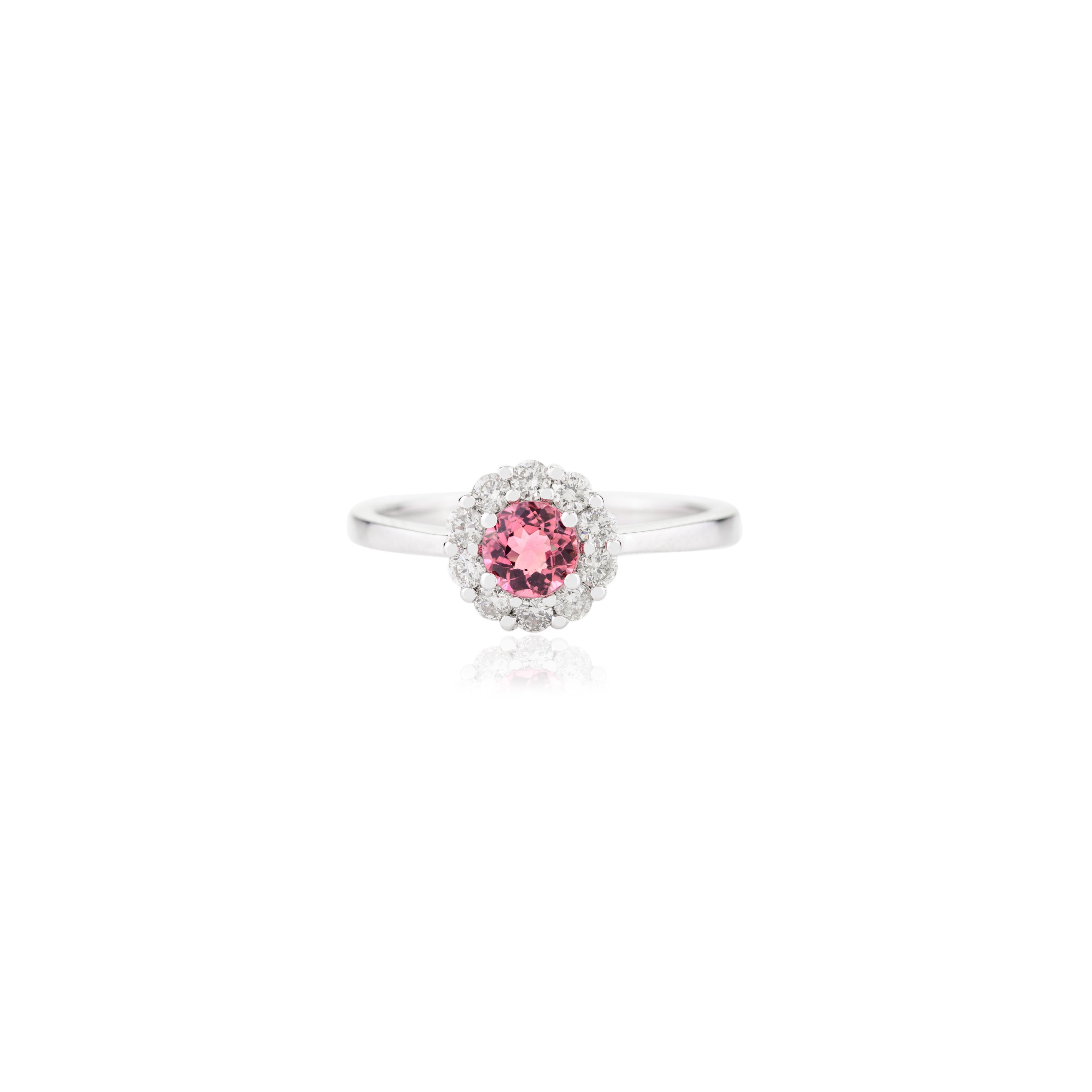 For Sale:  Faceted Tourmaline Halo Diamond Promise Ring Gift for Her in 14k White Gold 9