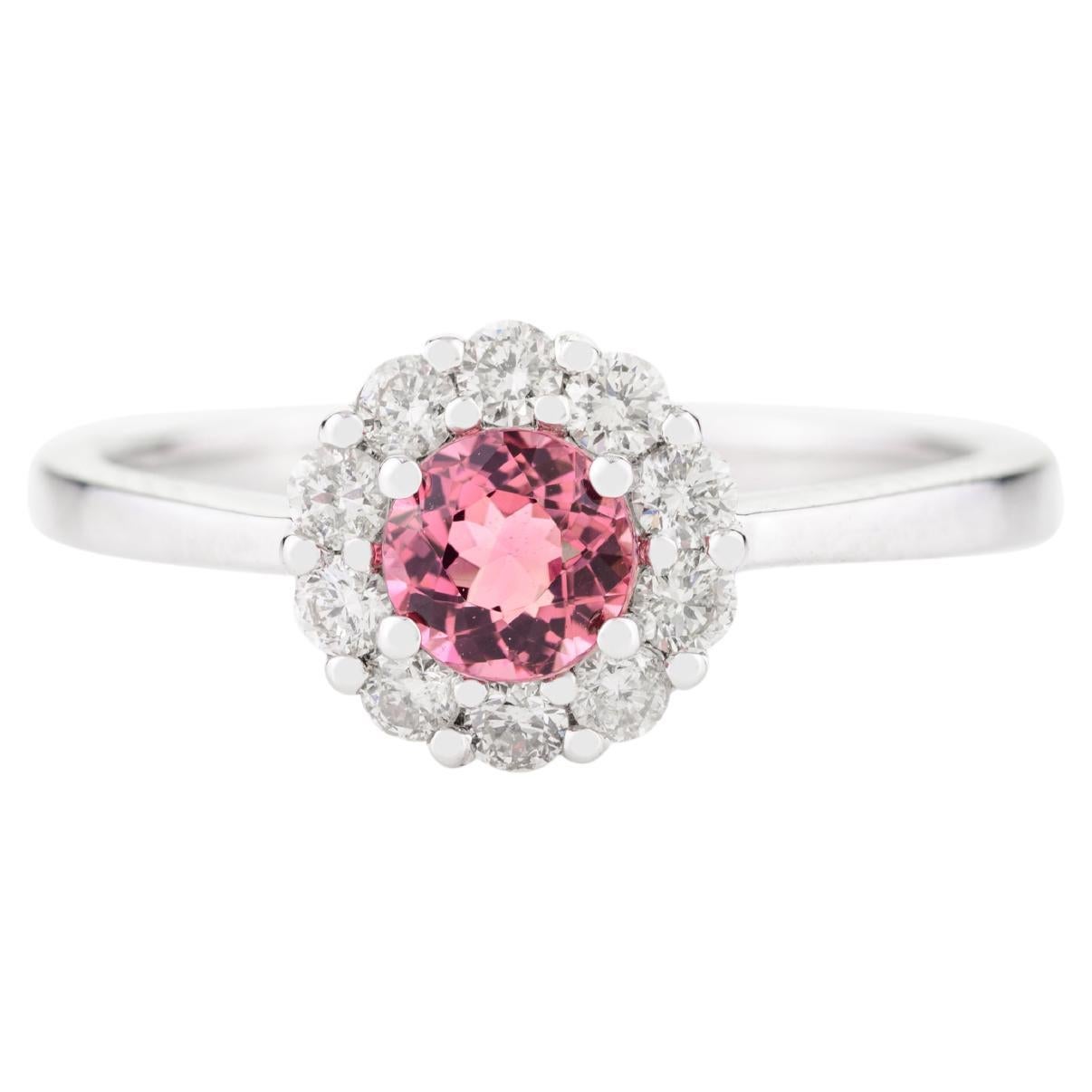 Faceted Tourmaline Halo Diamond Promise Ring Gift for Her in 14k White Gold
