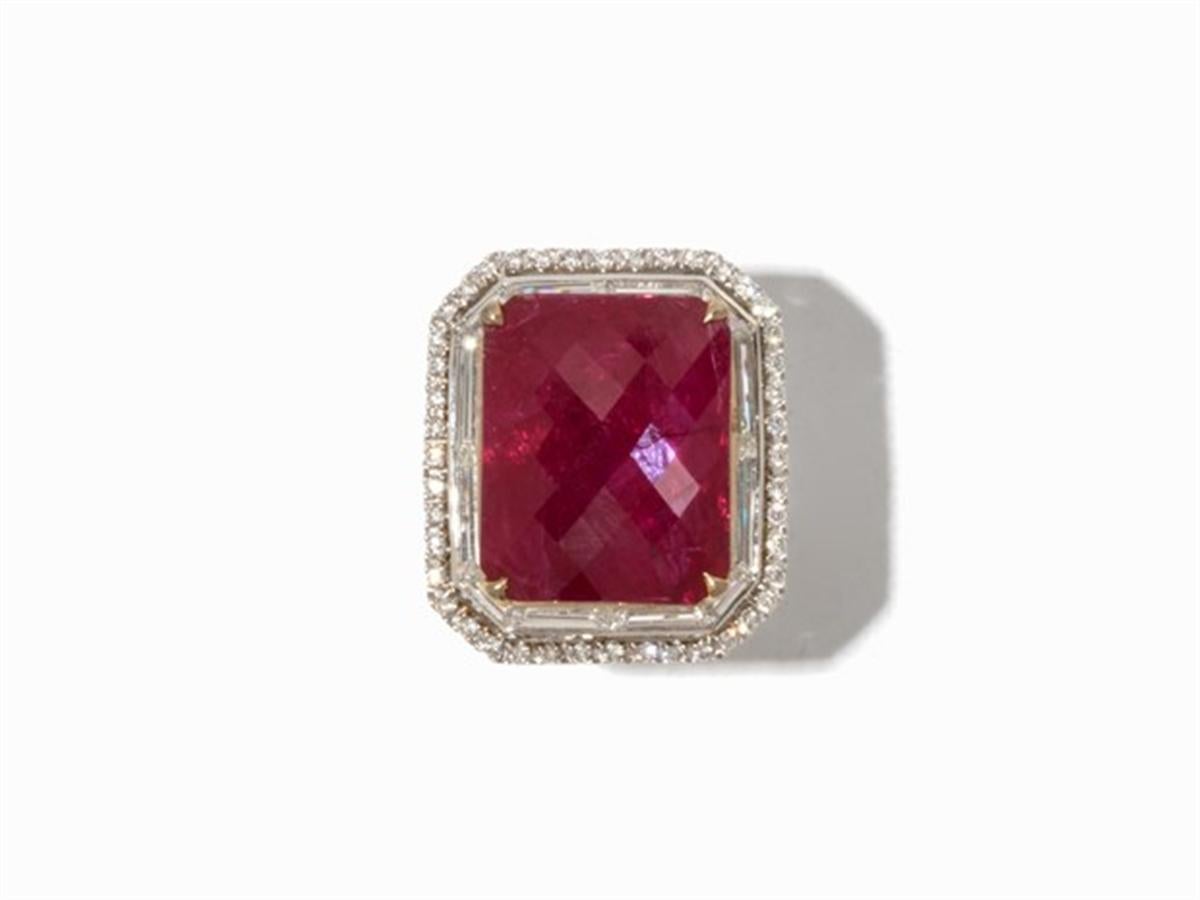 Cushion Cut 12.25 Carat Faceted Ruby Diamond White and Yellow Gold Cocktail Ring 