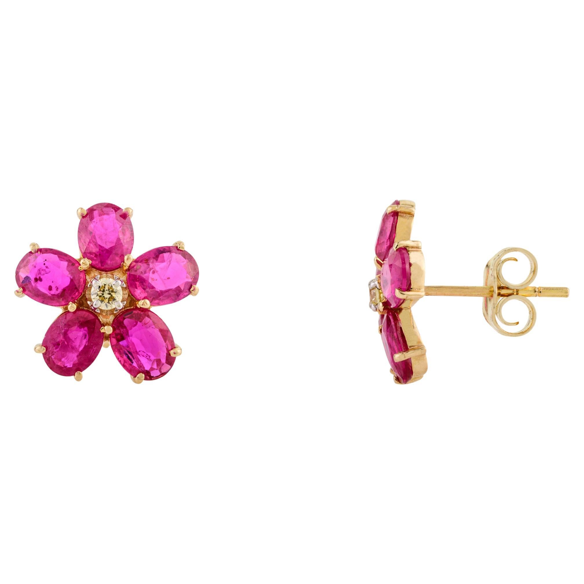 Faceted Ruby Floral Stud Earrings with Diamonds Set in 14k Yellow Gold Settings