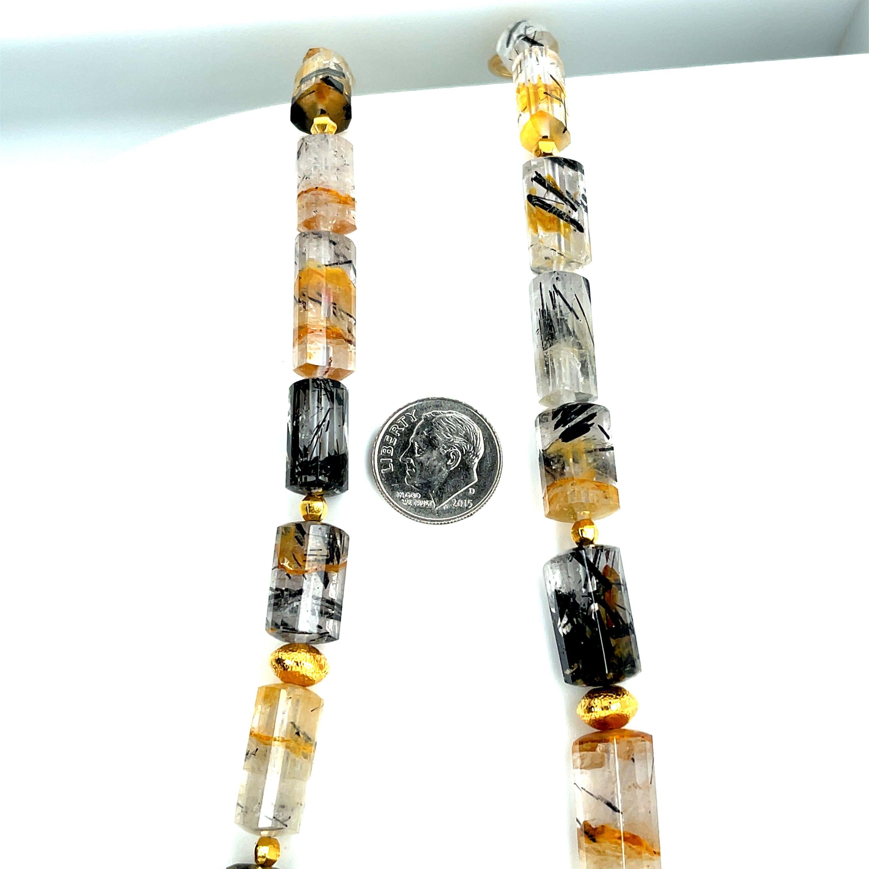 Artisan Faceted Rutilated Quartz Bead Necklace with Yellow Gold Accents and Clasp