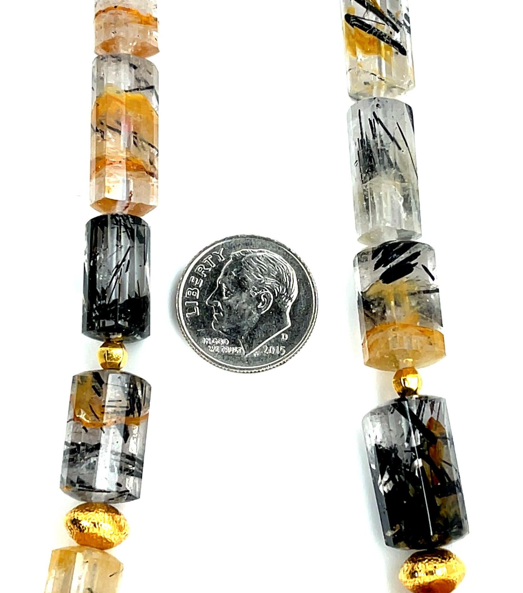 Faceted Rutilated Quartz Bead Necklace with Yellow Gold Accents and Clasp In New Condition In Los Angeles, CA