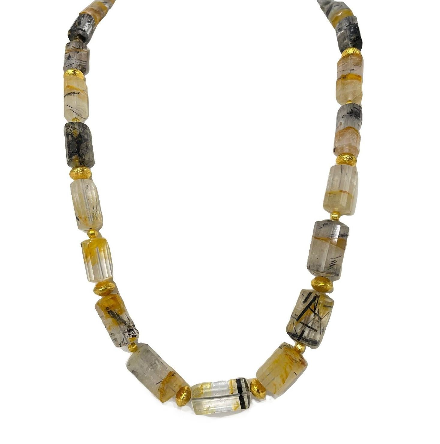 Women's or Men's Faceted Rutilated Quartz Bead Necklace with Yellow Gold Accents and Clasp