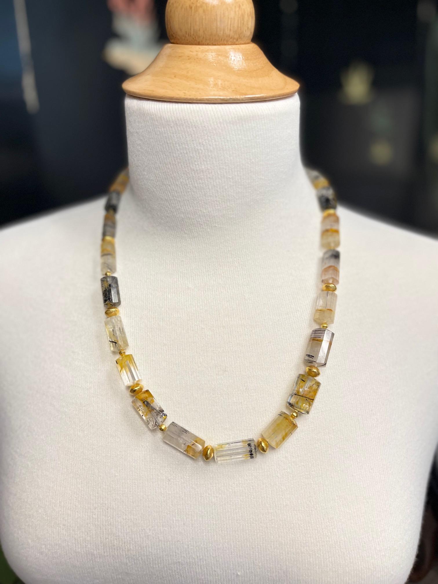 Faceted Rutilated Quartz Bead Necklace with Yellow Gold Accents and Clasp 1
