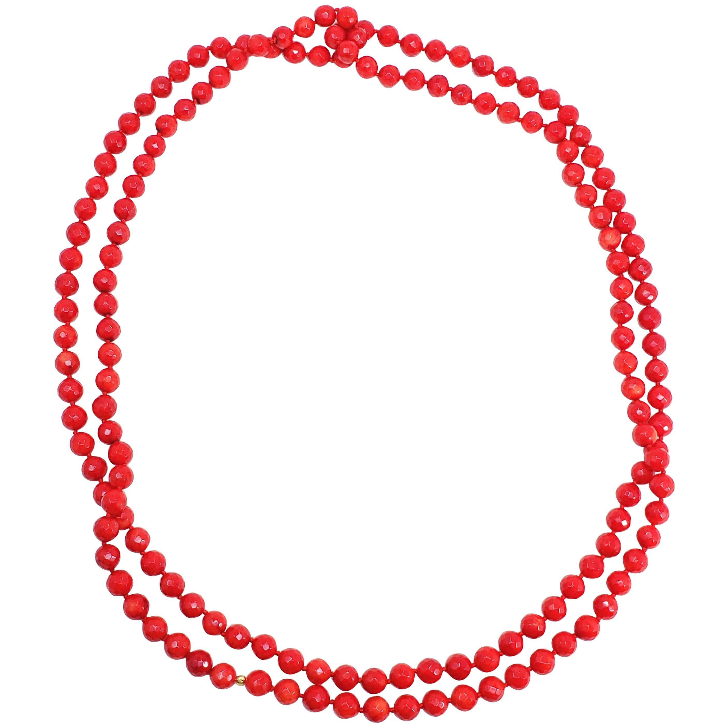 Faceted Sea Coral Bead Long Rope Necklace, Genuine Dyed Coral, 70" For Sale