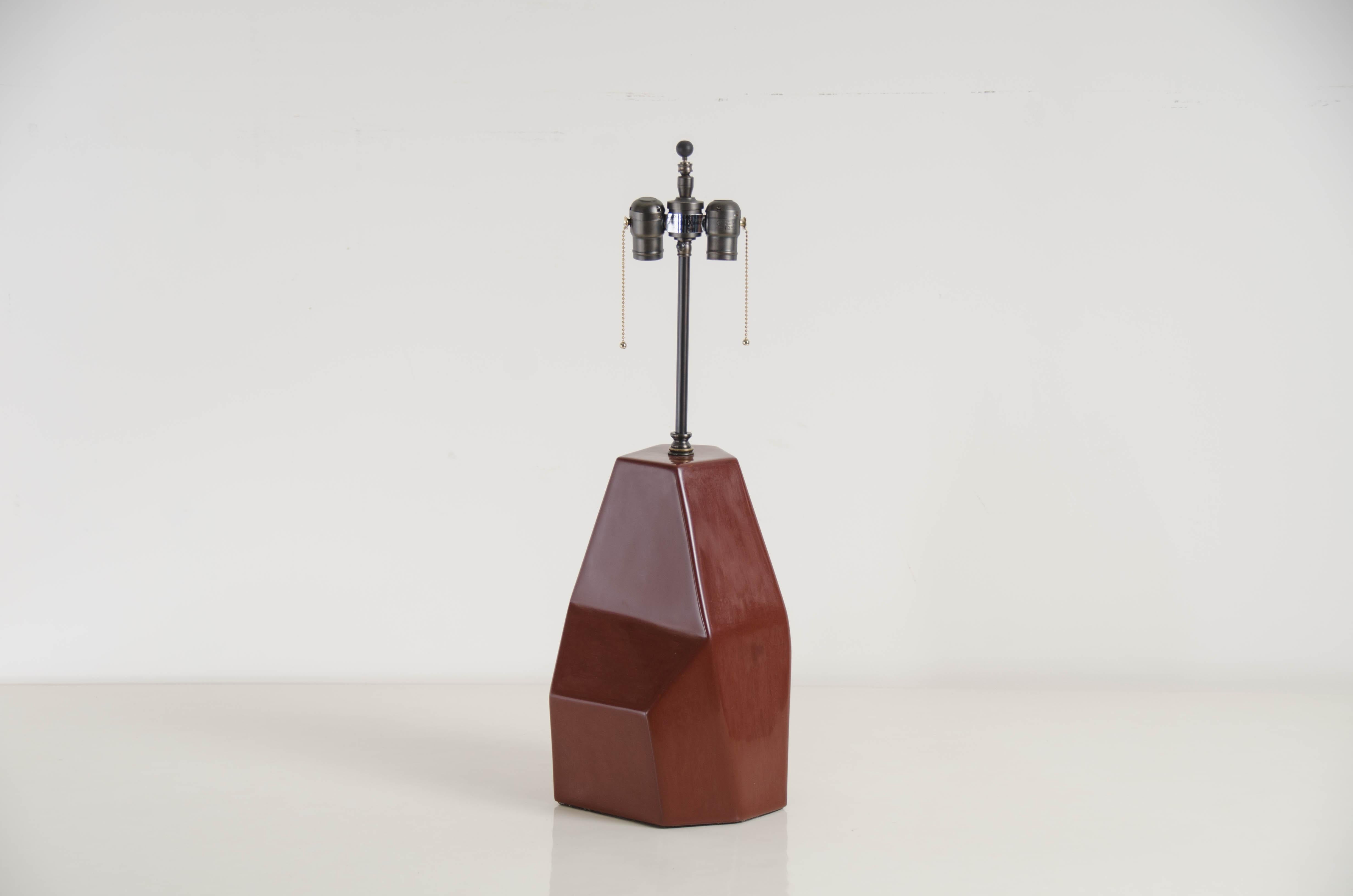 Silk Faceted Shan Lamp, Red Bean Lacquer by Robert Kuo, Handmade, Limited Edition