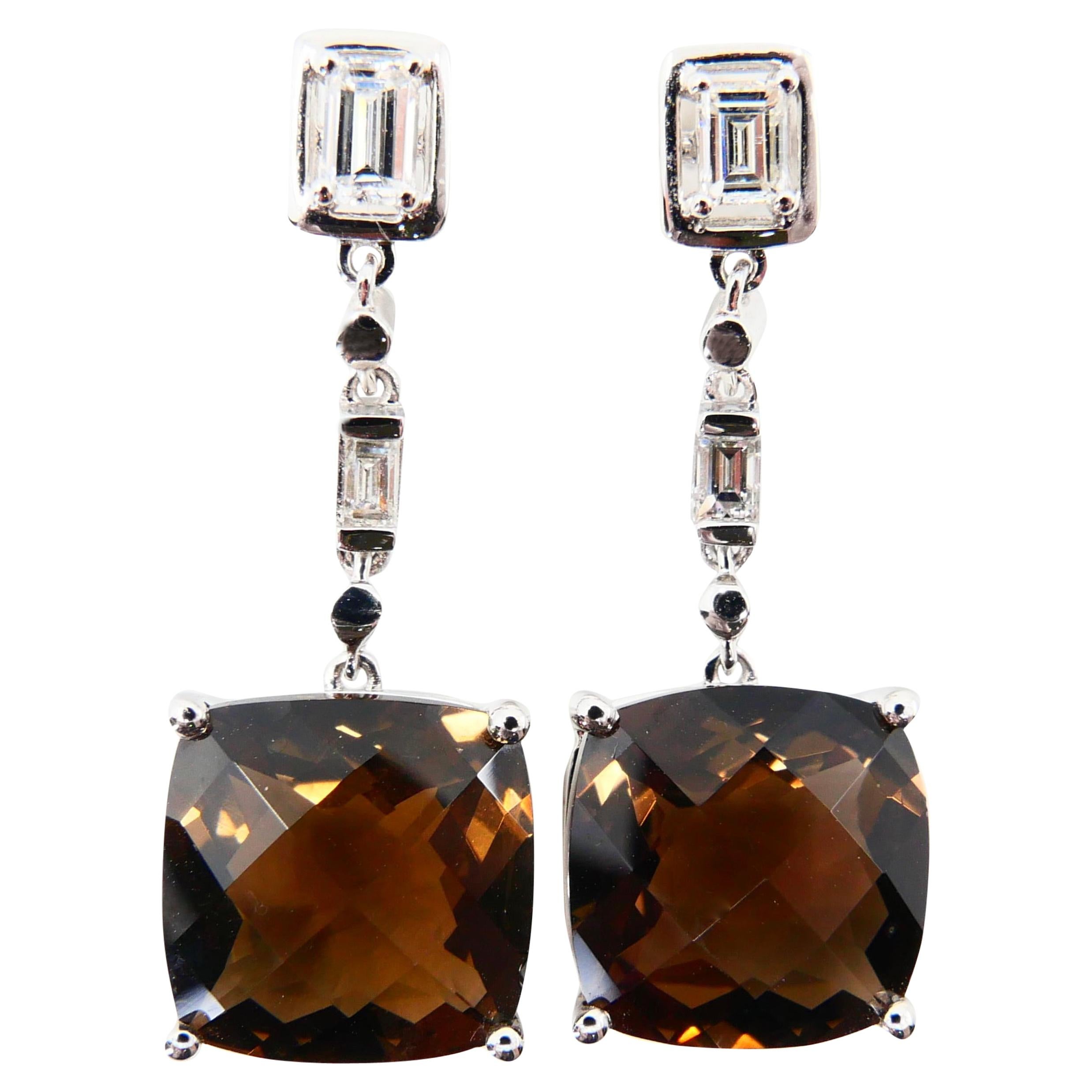 Faceted Smoky Quartz and Emerald Step Cut Diamond Drop Earrings, 18 Karat Gold