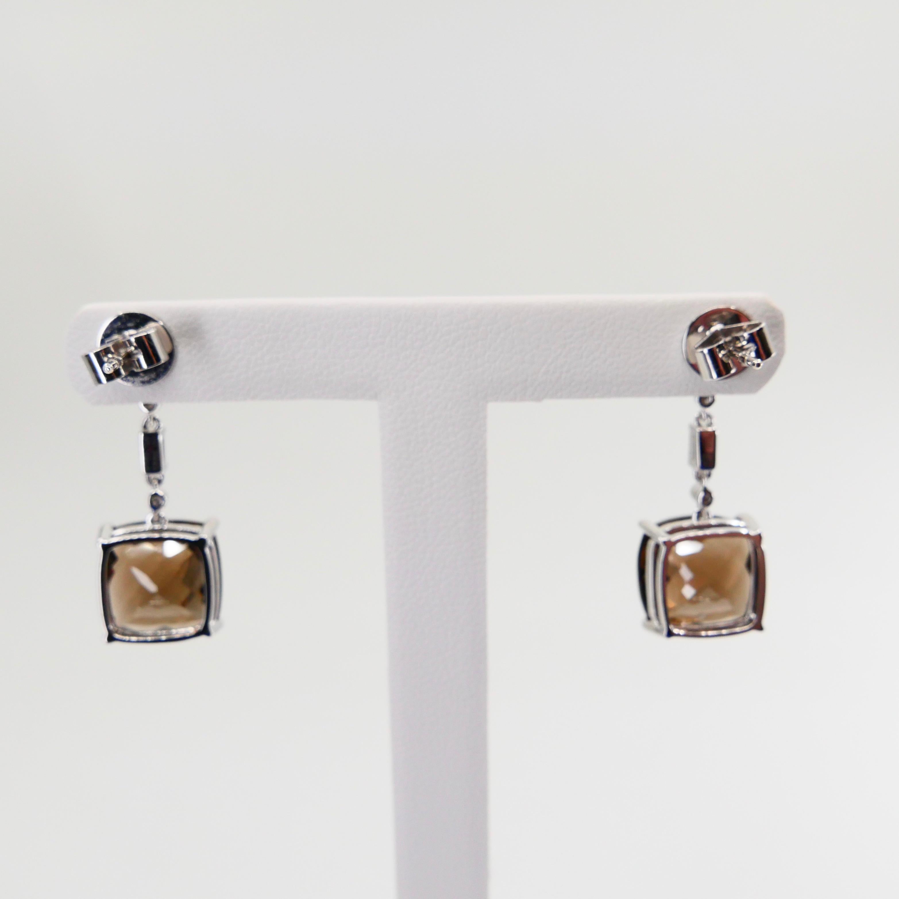 Faceted Smoky Quartz and Emerald Step Cut Diamond Drop Earrings, 18 Karat Gold For Sale 4