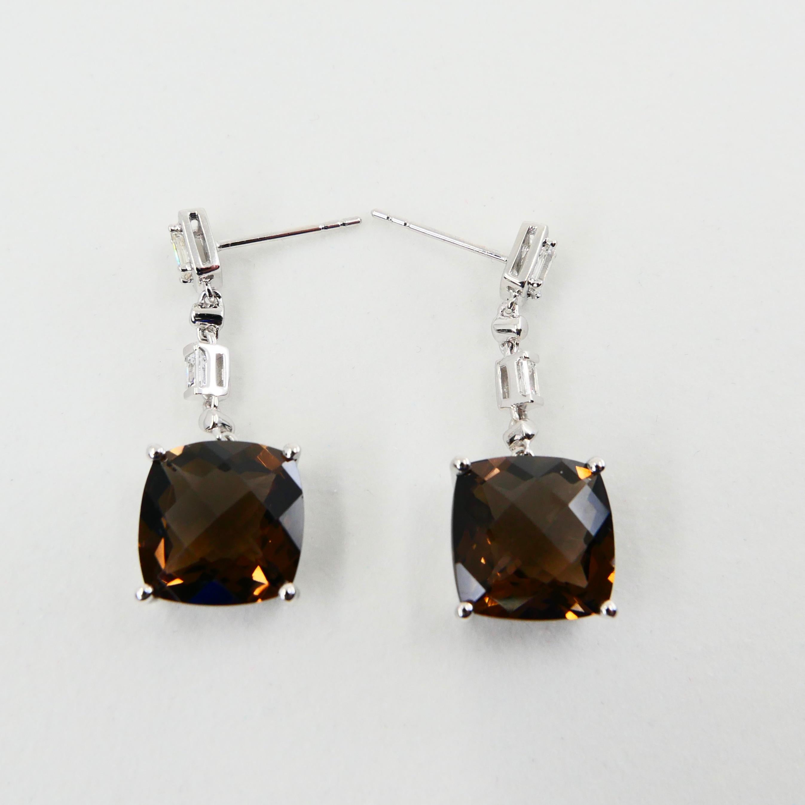 Faceted Smoky Quartz and Emerald Step Cut Diamond Drop Earrings, 18 Karat Gold For Sale 6