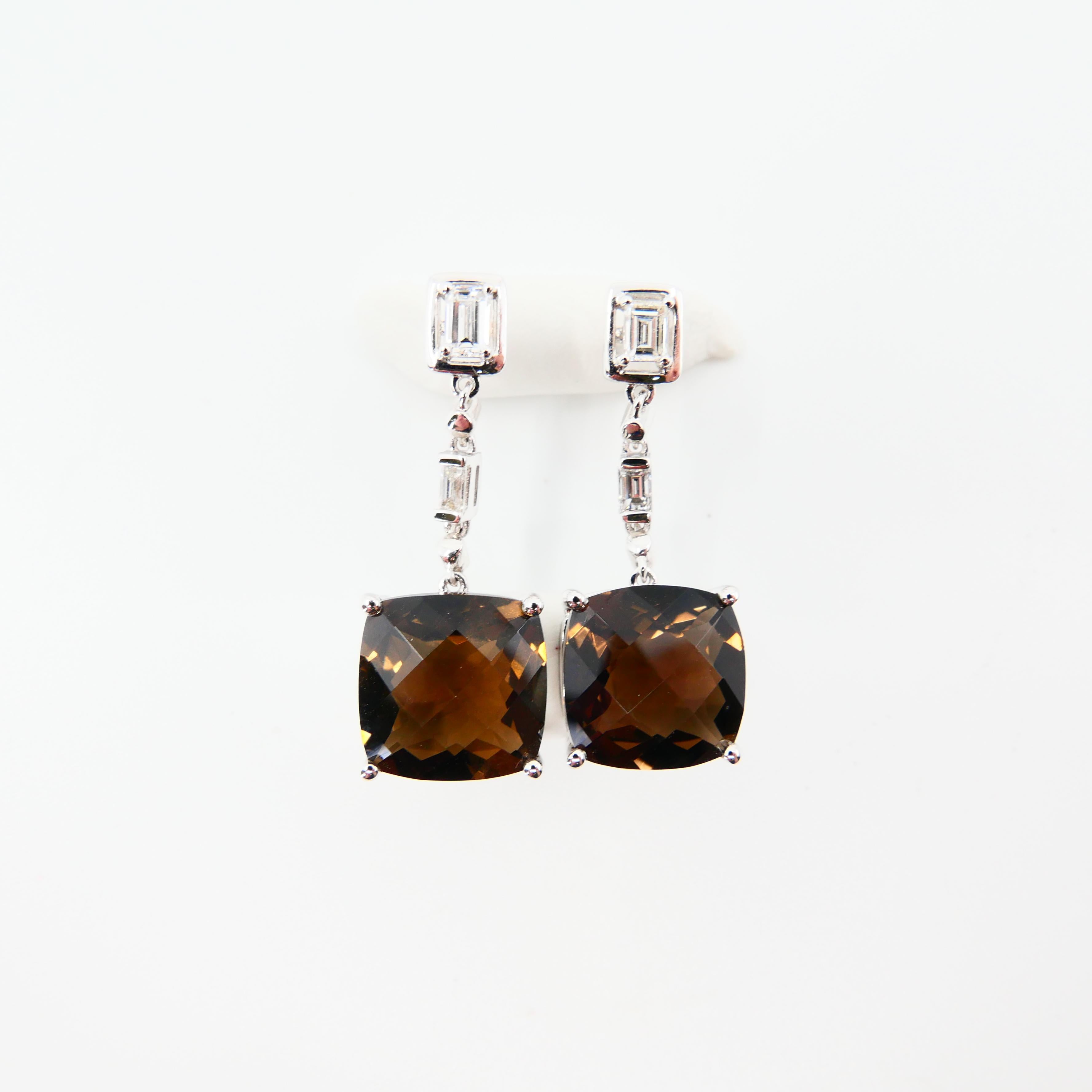 Cushion Cut Faceted Smoky Quartz and Emerald Step Cut Diamond Drop Earrings, 18 Karat Gold For Sale