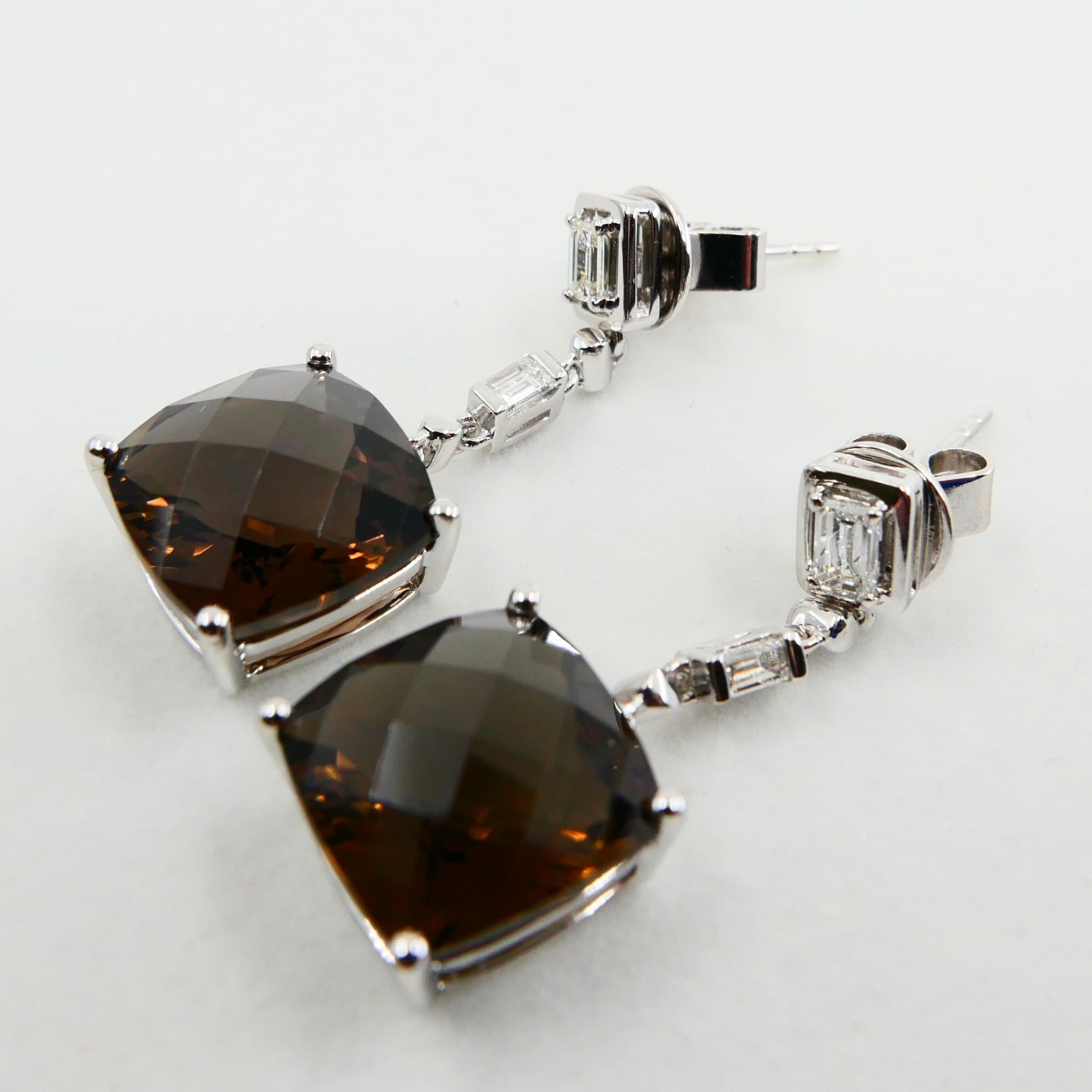 Faceted Smoky Quartz 11mm x 11mm & Emerald Cut Diamond Drop Earrings. XXL. In New Condition For Sale In Hong Kong, HK