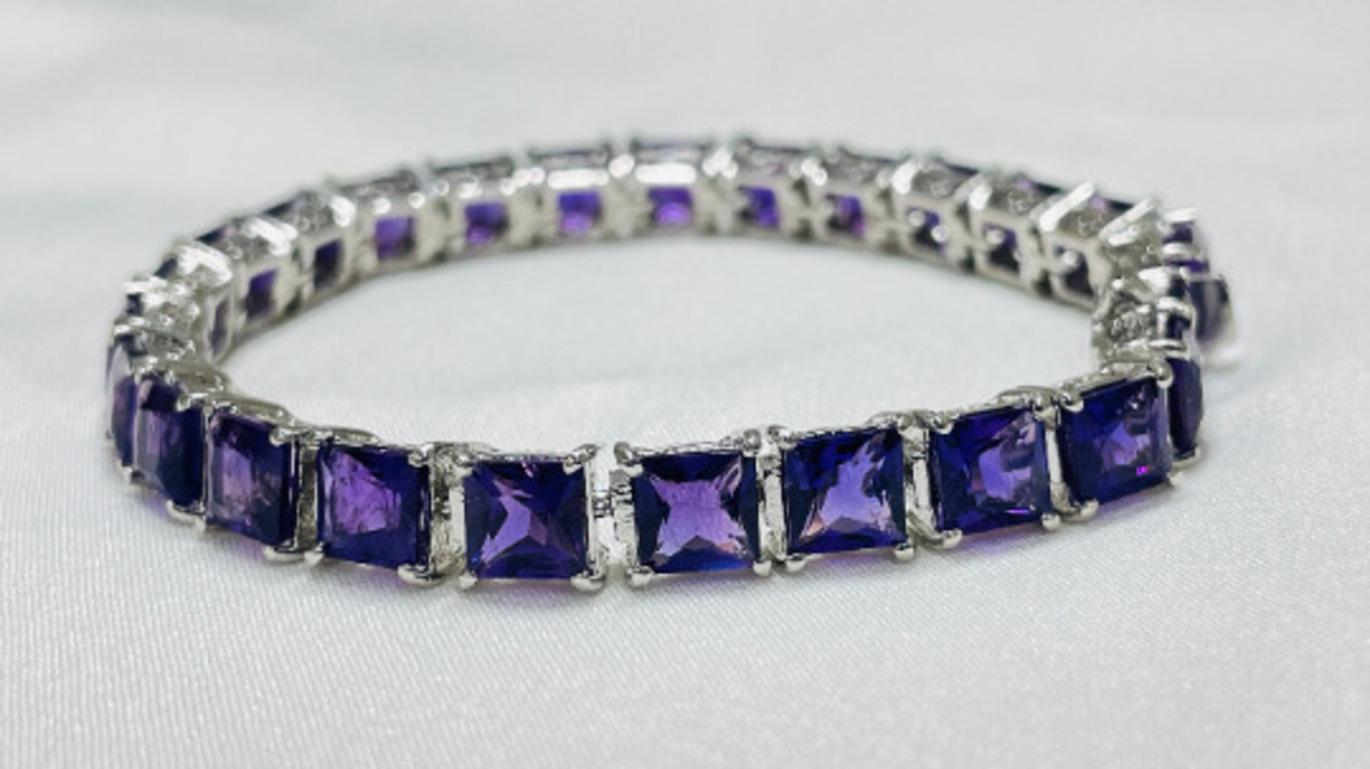 Art Deco Faceted Square Cut Amethyst Line Bracelet in Sterling Silver for Mom Gift For Sale