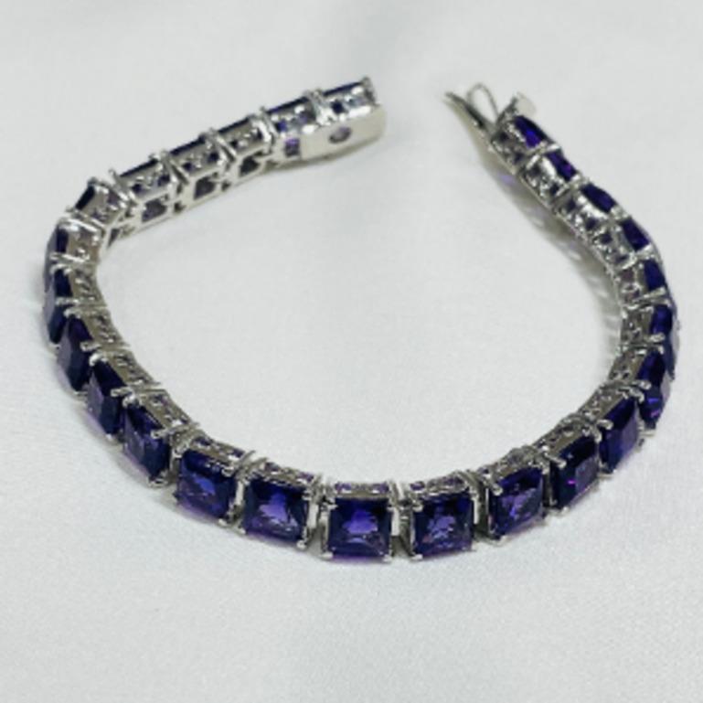 Art Deco Faceted Square Cut Amethyst Line Bracelet in Sterling Silver for Her For Sale