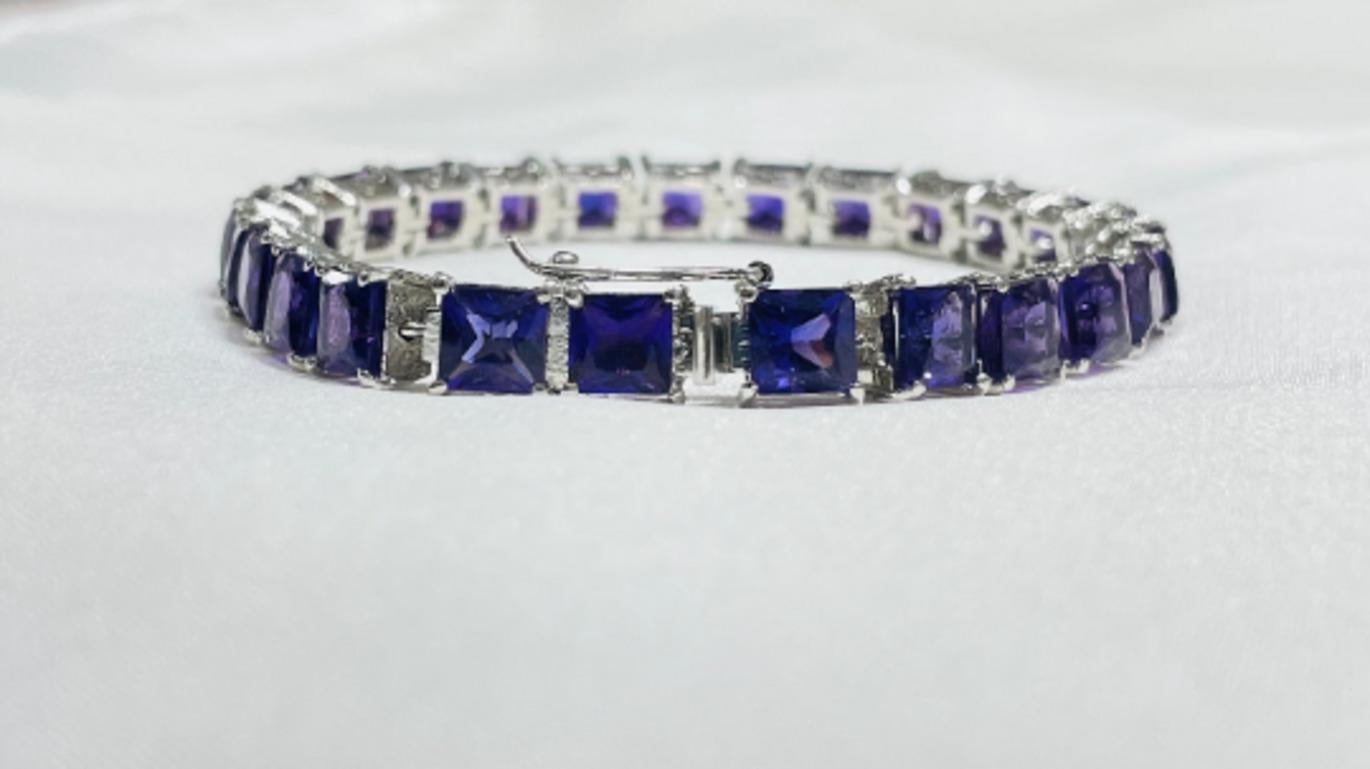 Faceted Square Cut Amethyst Line Bracelet in Sterling Silver for Her In New Condition For Sale In Houston, TX