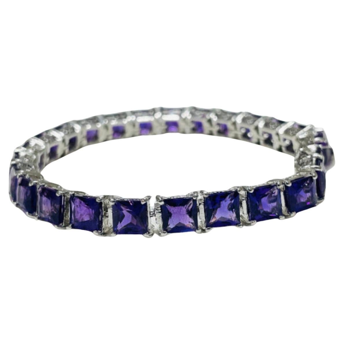 Faceted Square Cut Amethyst Line Bracelet in Sterling Silver for Her For Sale