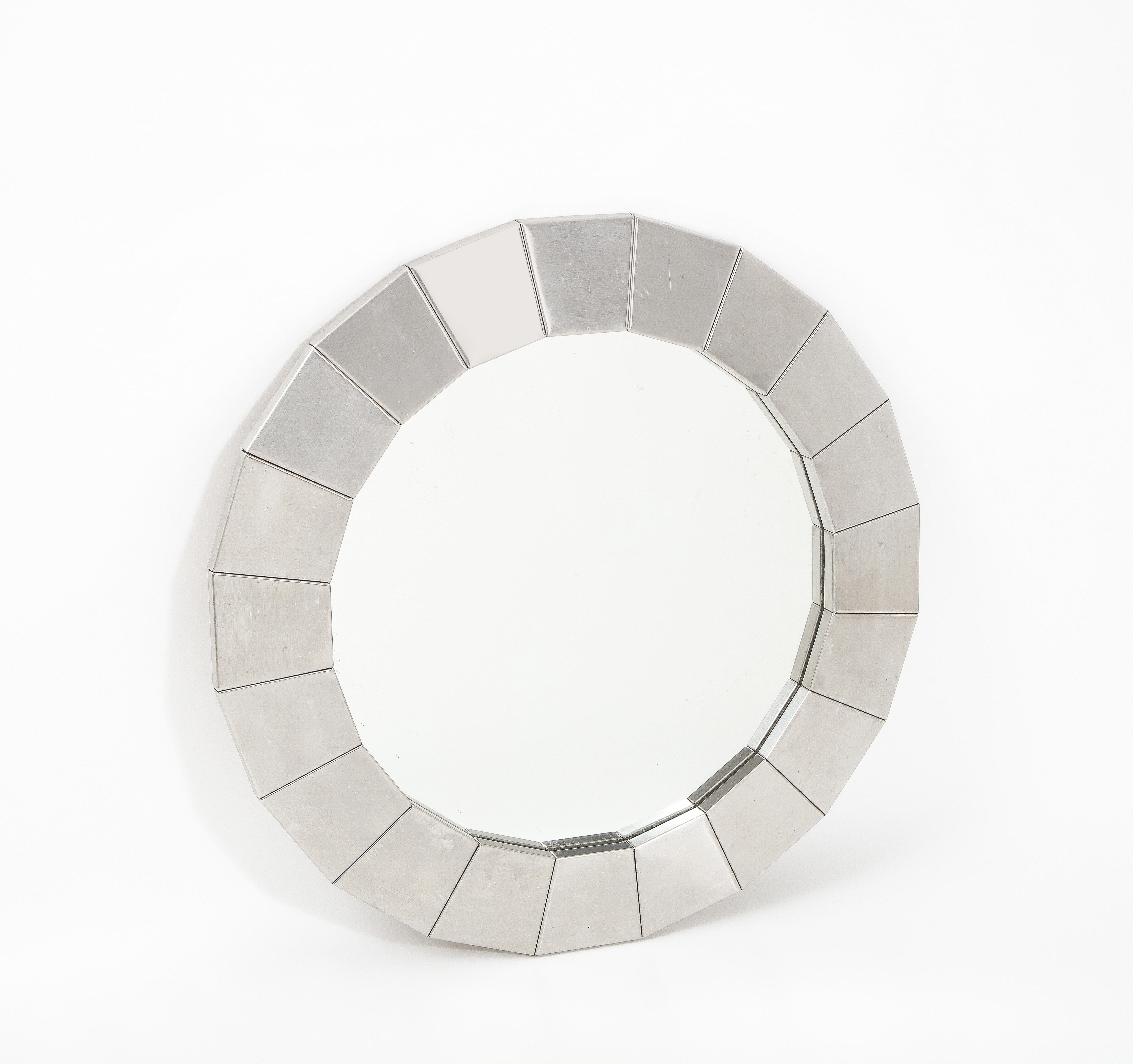 French Faceted Stainless Steel Round Mirror, France 1970's