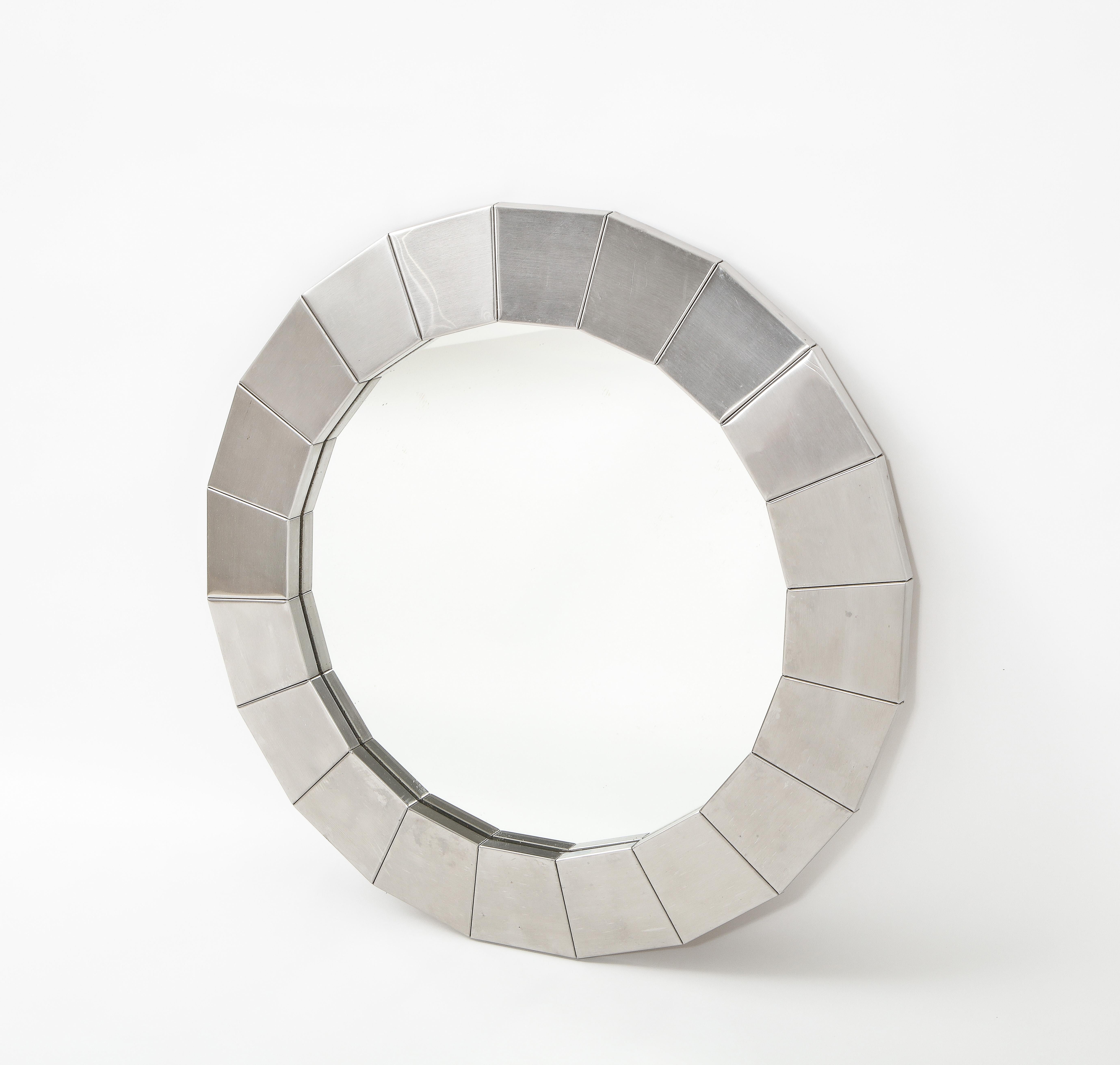 Faceted Stainless Steel Round Mirror, France 1970's In Good Condition In New York, NY