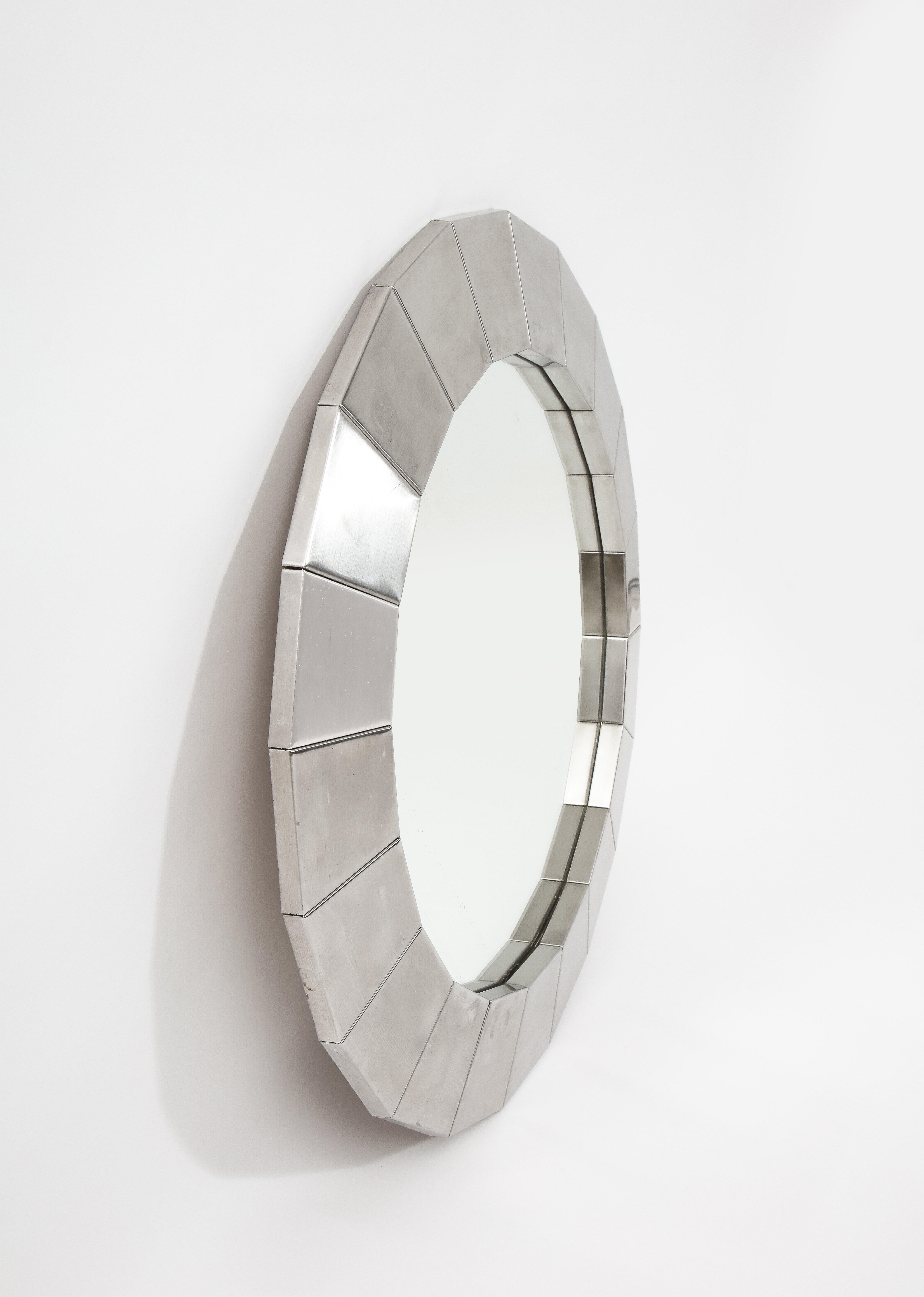 Faceted Stainless Steel Round Mirror, France 1970's 1
