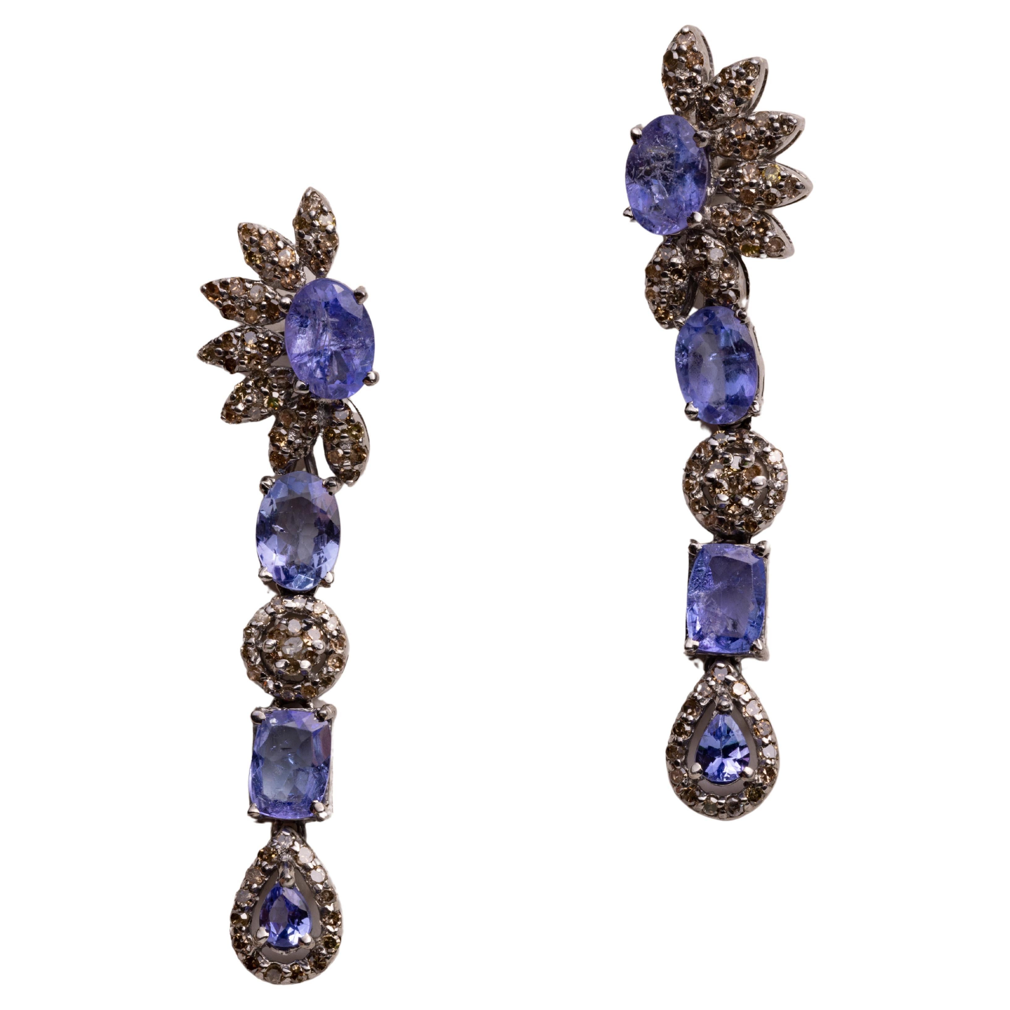 Faceted Tanzanite and Diamond Drop Dangle Earrings For Sale