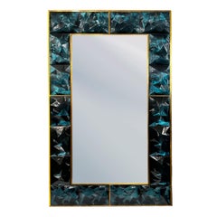 Teal Faceted Murano Glass Block Mirror with Brass Trim