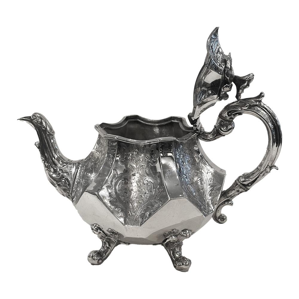 Rococo Faceted Teapot engraved Flowers Joseph Angell, 752g Silver, London 1841 For Sale