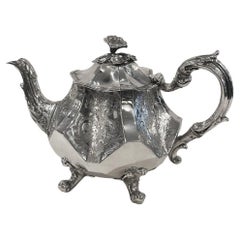 Antique Faceted Teapot engraved Flowers by Joseph Angell, 752g Silver, London 1841