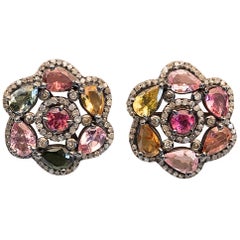 Faceted Tourmaline and Diamond Stud Earrings