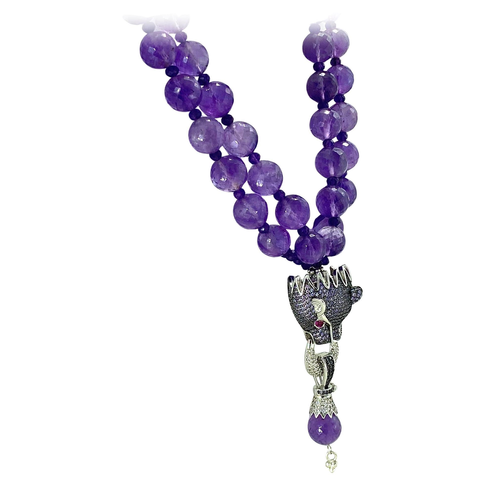 Artisan Faceted Translucent Amethyst Double Strand Necklace with Dragon Pendant For Sale