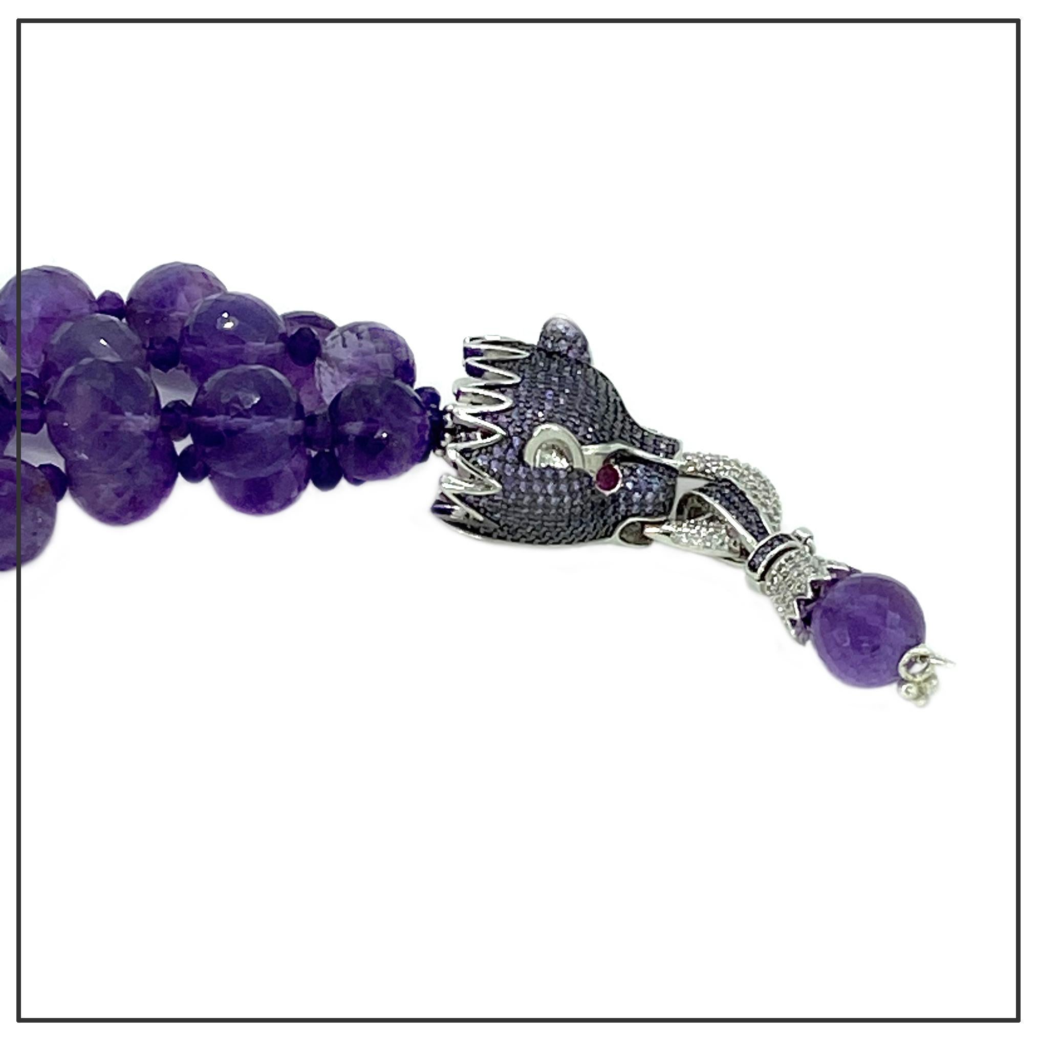 Bead Faceted Translucent Amethyst Double Strand Necklace with Dragon Pendant For Sale