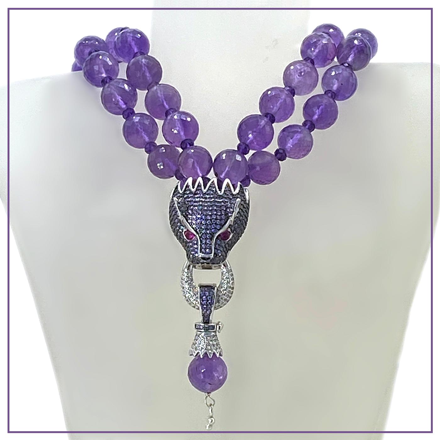 Women's Faceted Translucent Amethyst Double Strand Necklace with Dragon Pendant For Sale