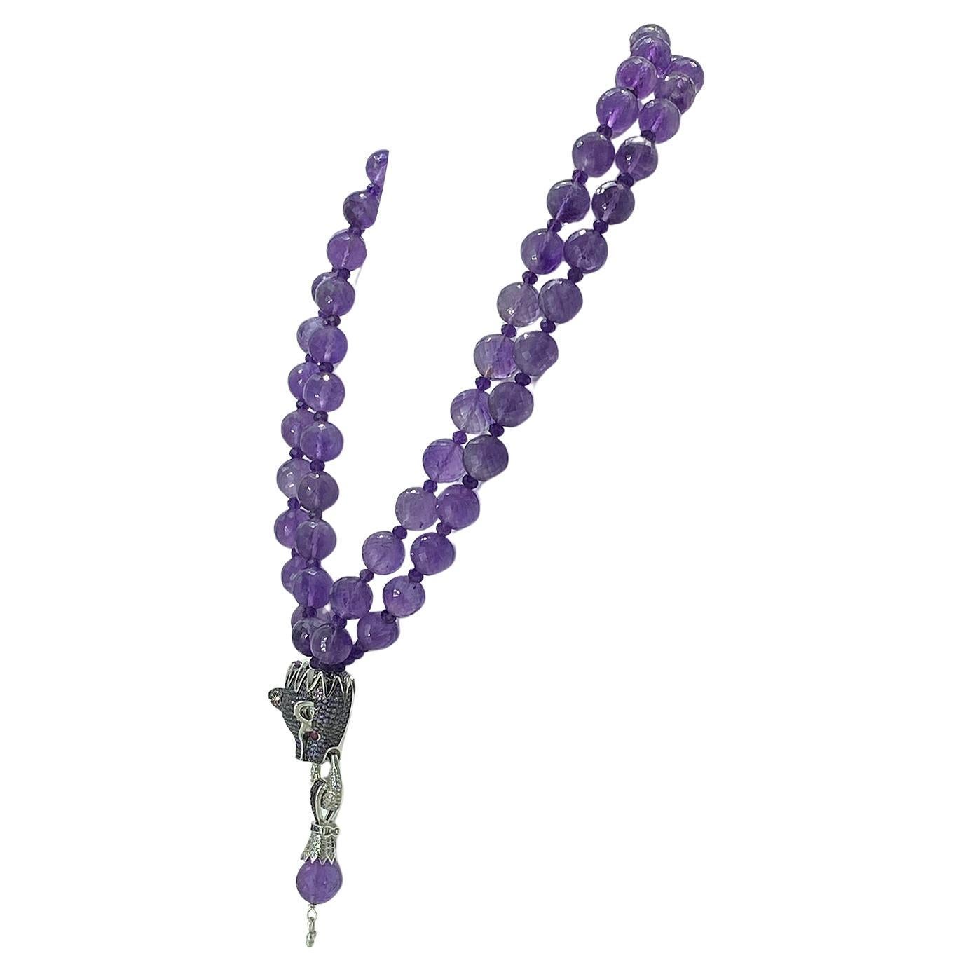 Faceted Translucent Amethyst Double Strand Necklace with Dragon Pendant For Sale 1